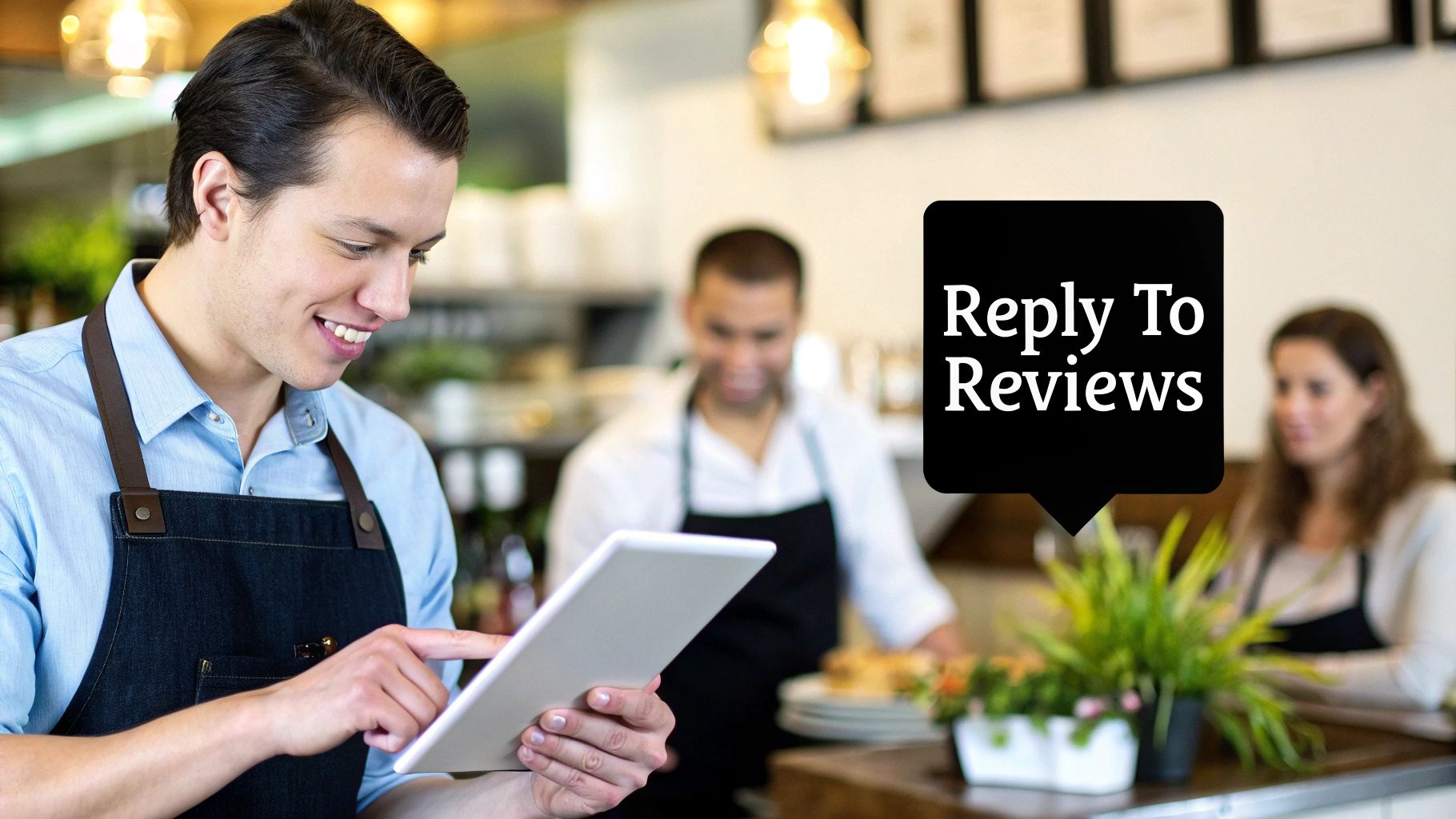 Smiling male server in a cafe uses a tablet, with a 'Reply To Reviews' speech bubble.