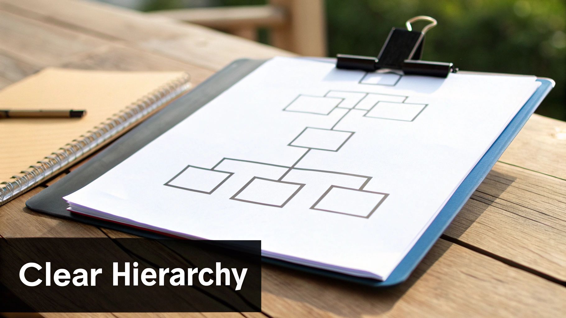 A hierarchy chart on a clipboard, with a notebook and pen on a rustic wooden table.