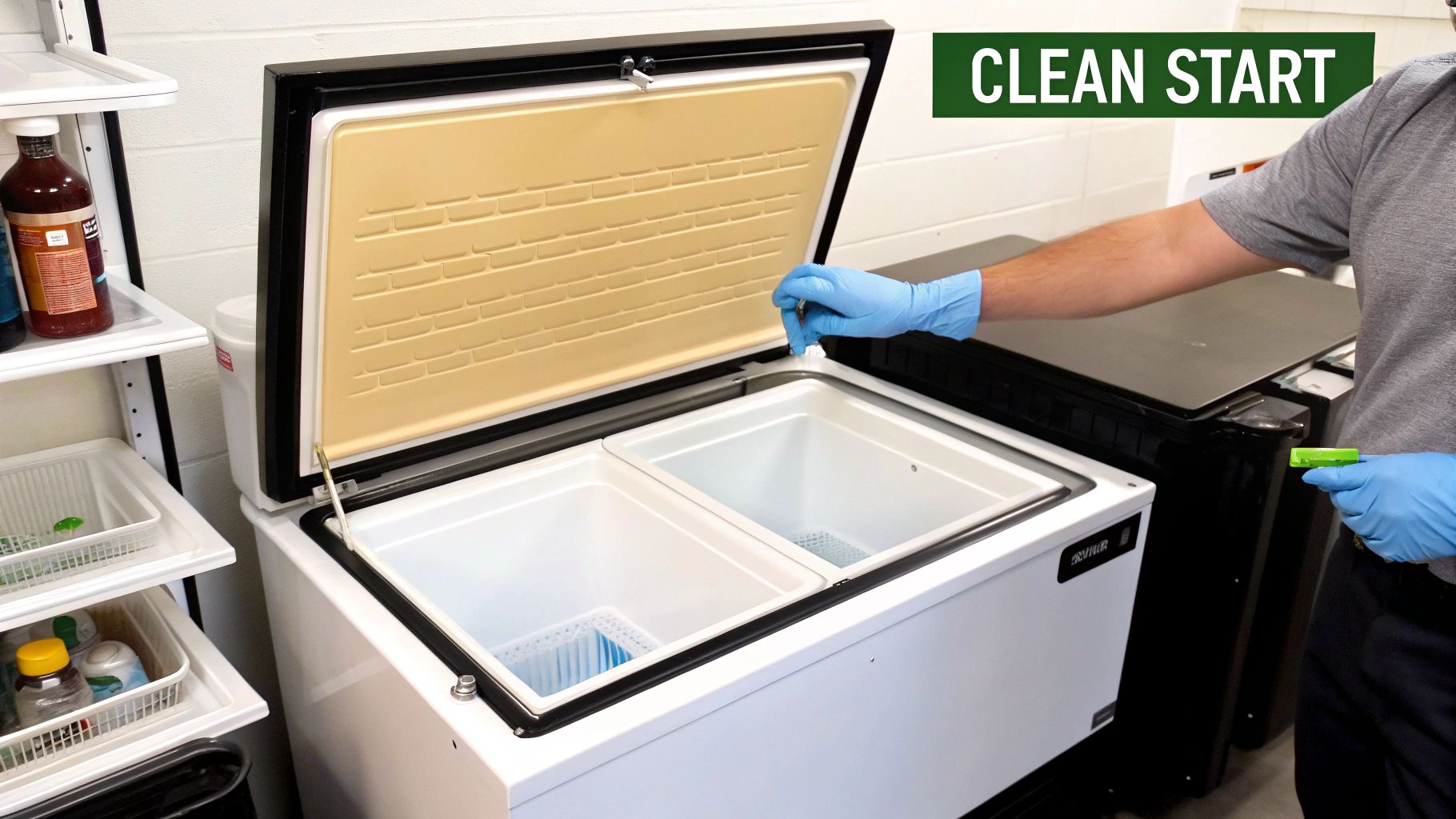 A person in blue gloves organizes a clean, open chest freezer with two compartments, demonstrating a 'CLEAN START'.