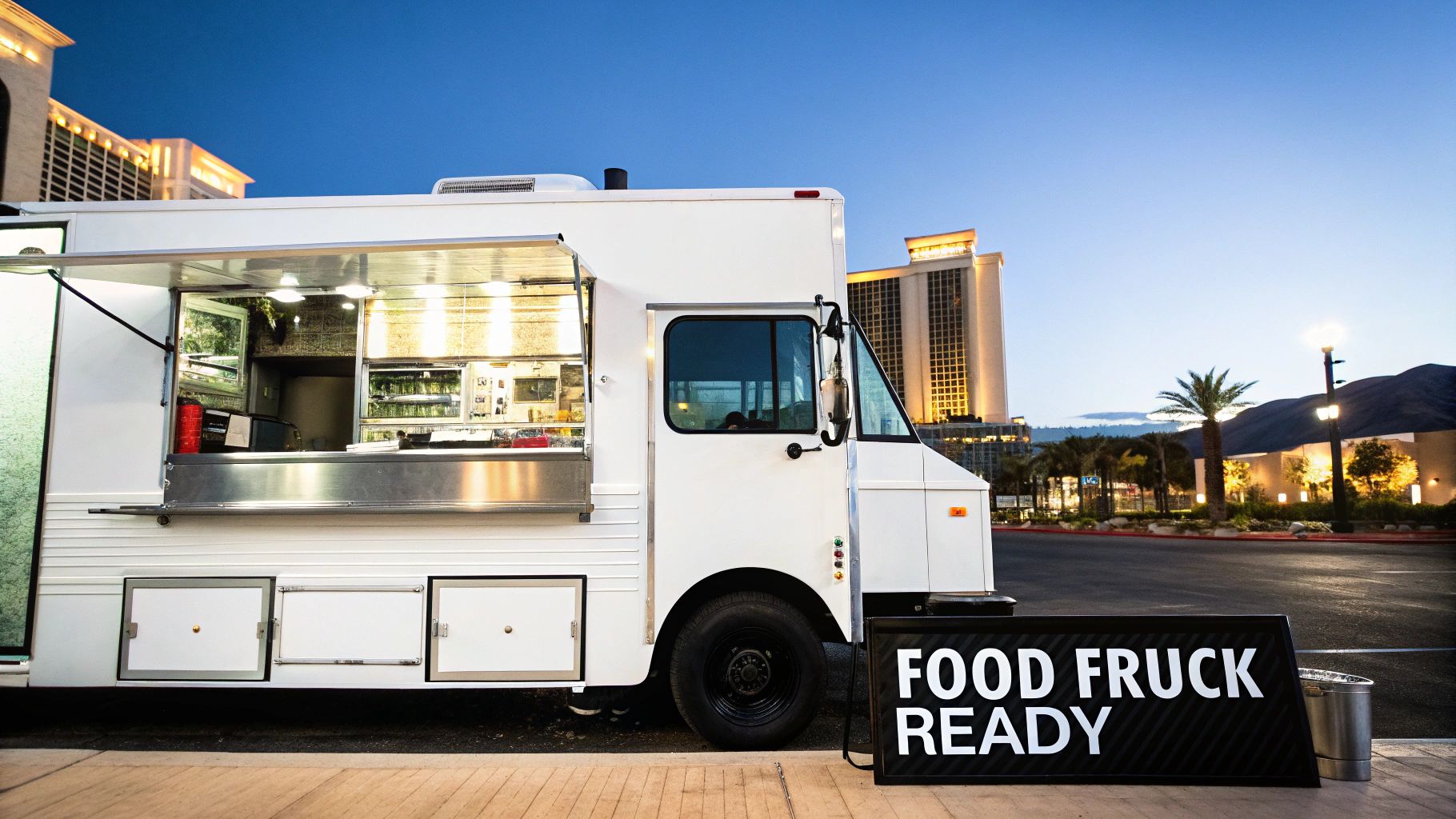 A white food truck with its serving window open and kitchen lights on, ready for business at dusk.
