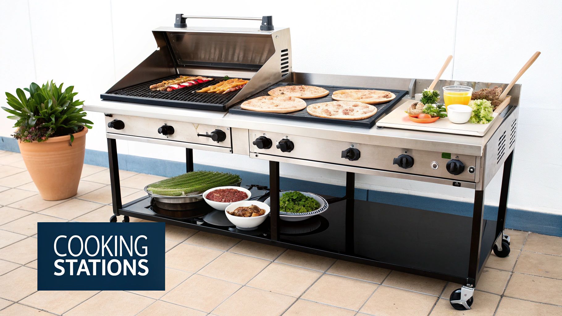 Outdoor stainless steel commercial cooking station with grill, griddle, ingredients, and prepared foods.