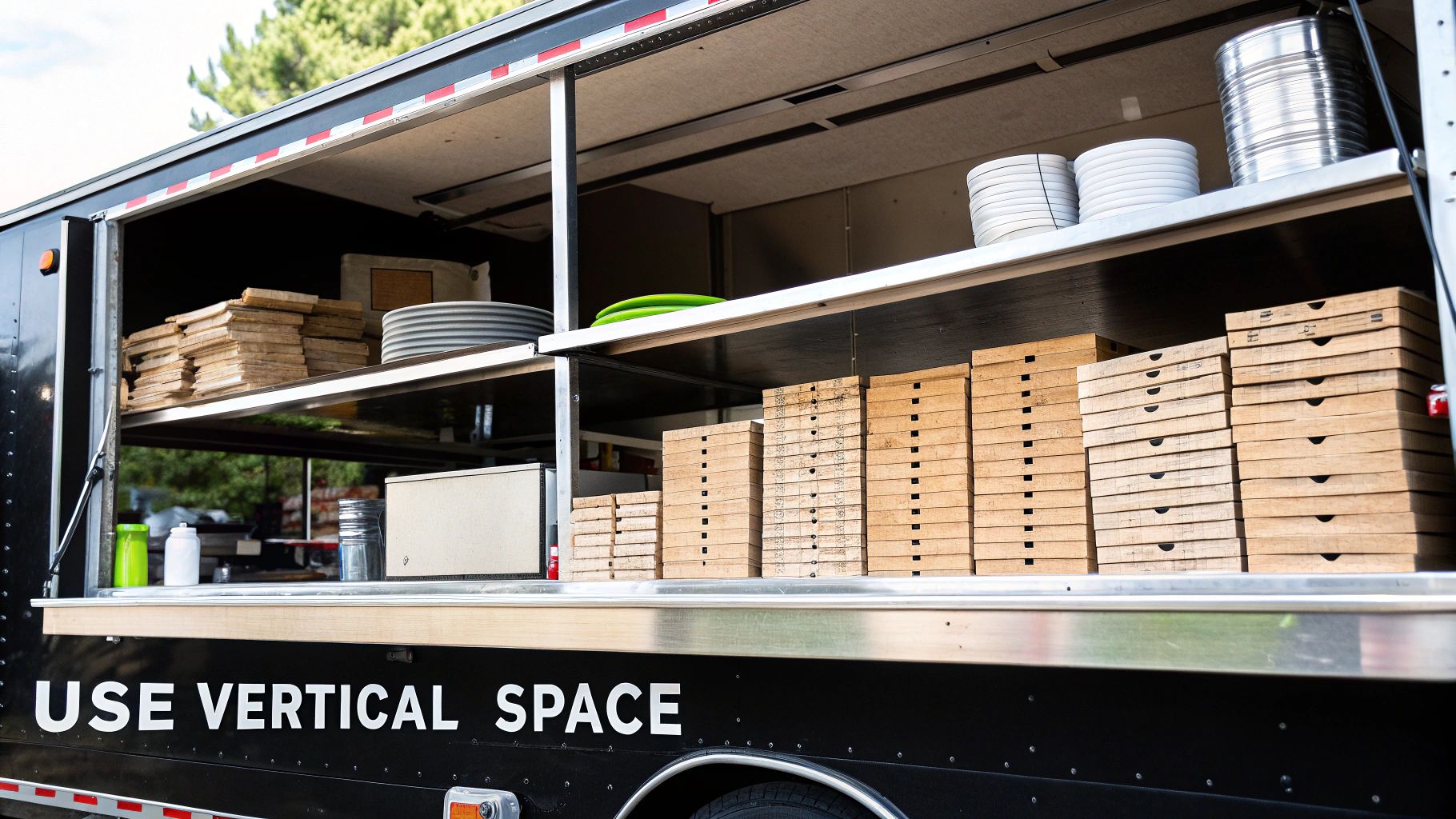 A clean food truck interior demonstrates efficient vertical storage with shelves holding plates and pizza boxes.