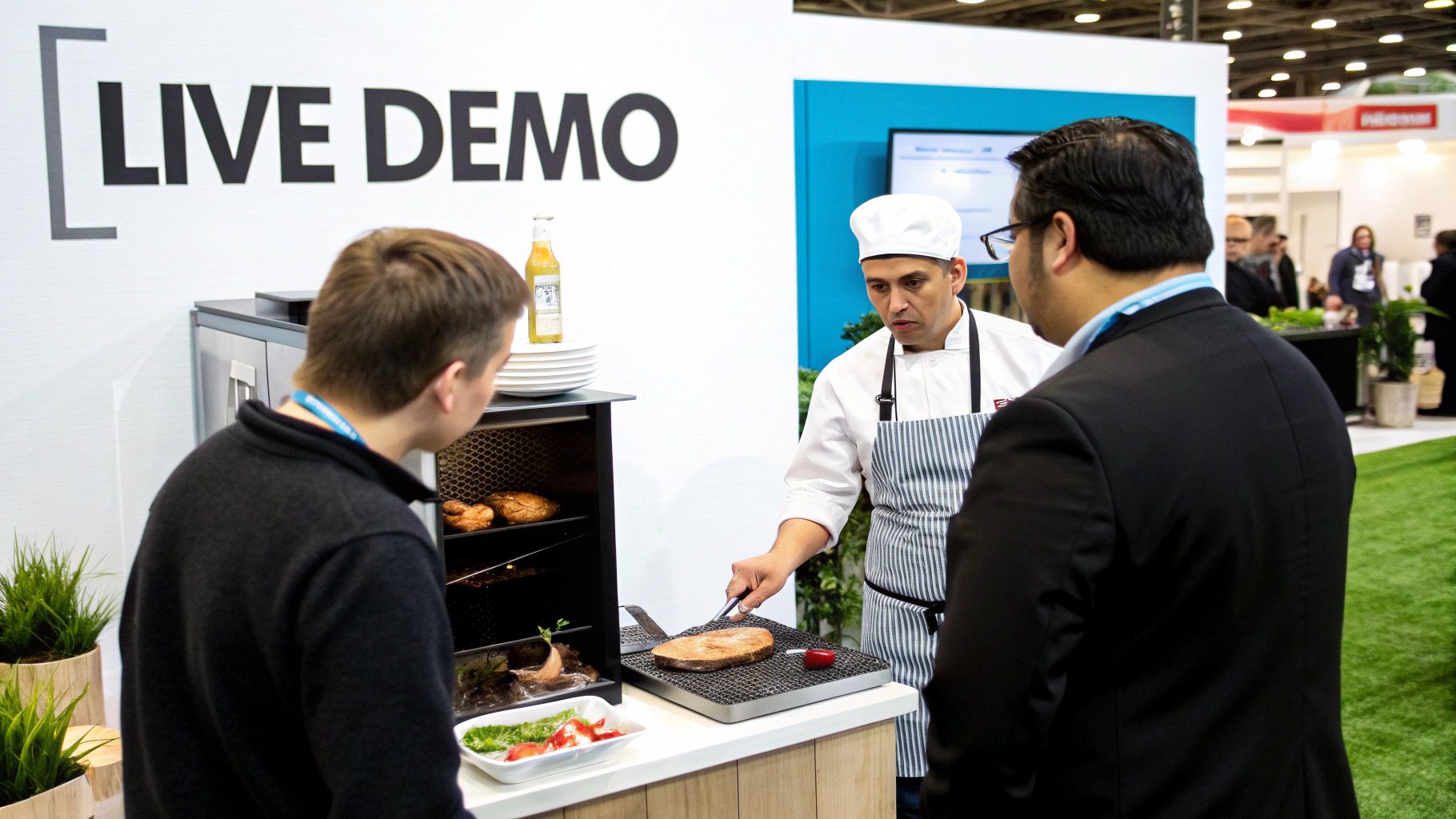 Chef preparing food on a grill for two men at a lively trade show demonstration booth.