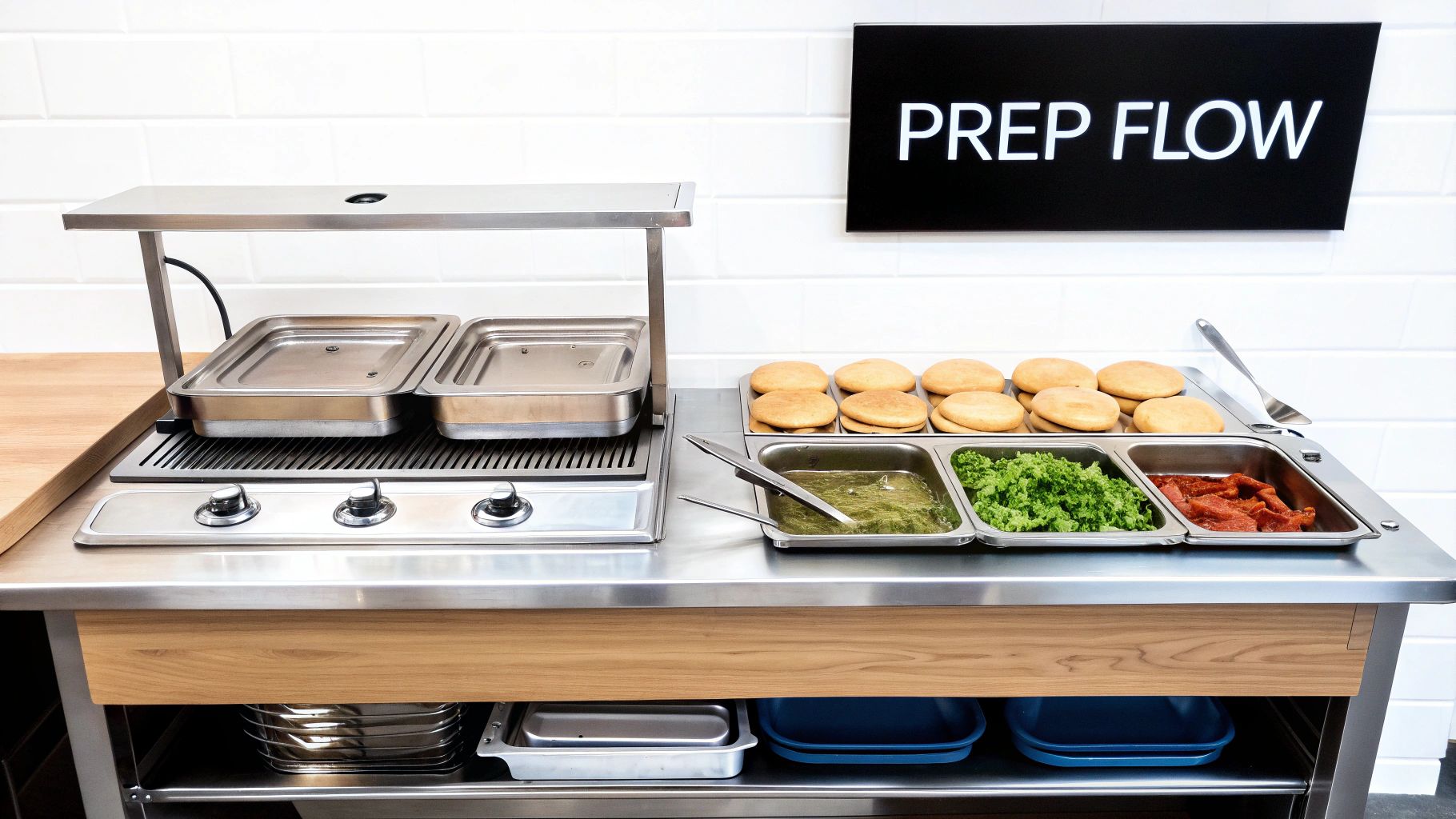 A clean, modern food prep station with a griddle, fresh ingredients, and a 'PREP FLOW' sign.