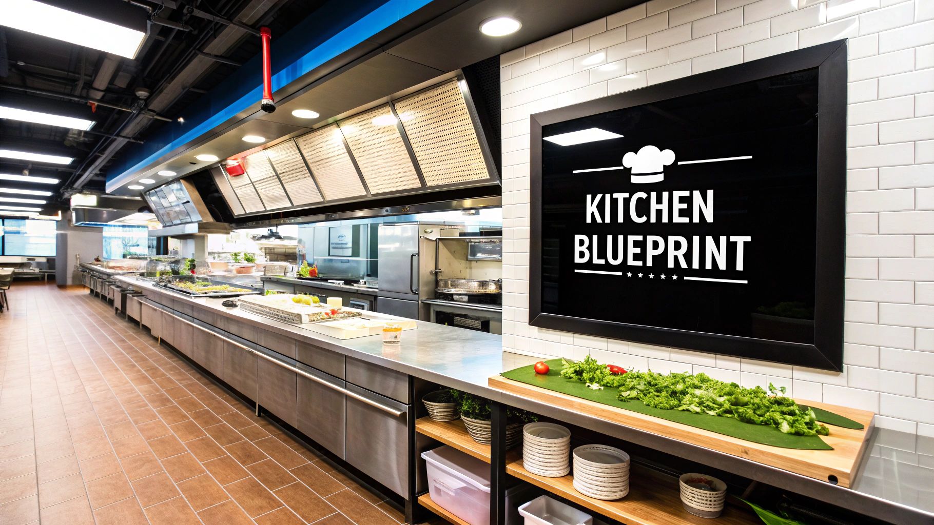 A brightly lit commercial kitchen with a long food serving line and a blueprint sign on the wall.