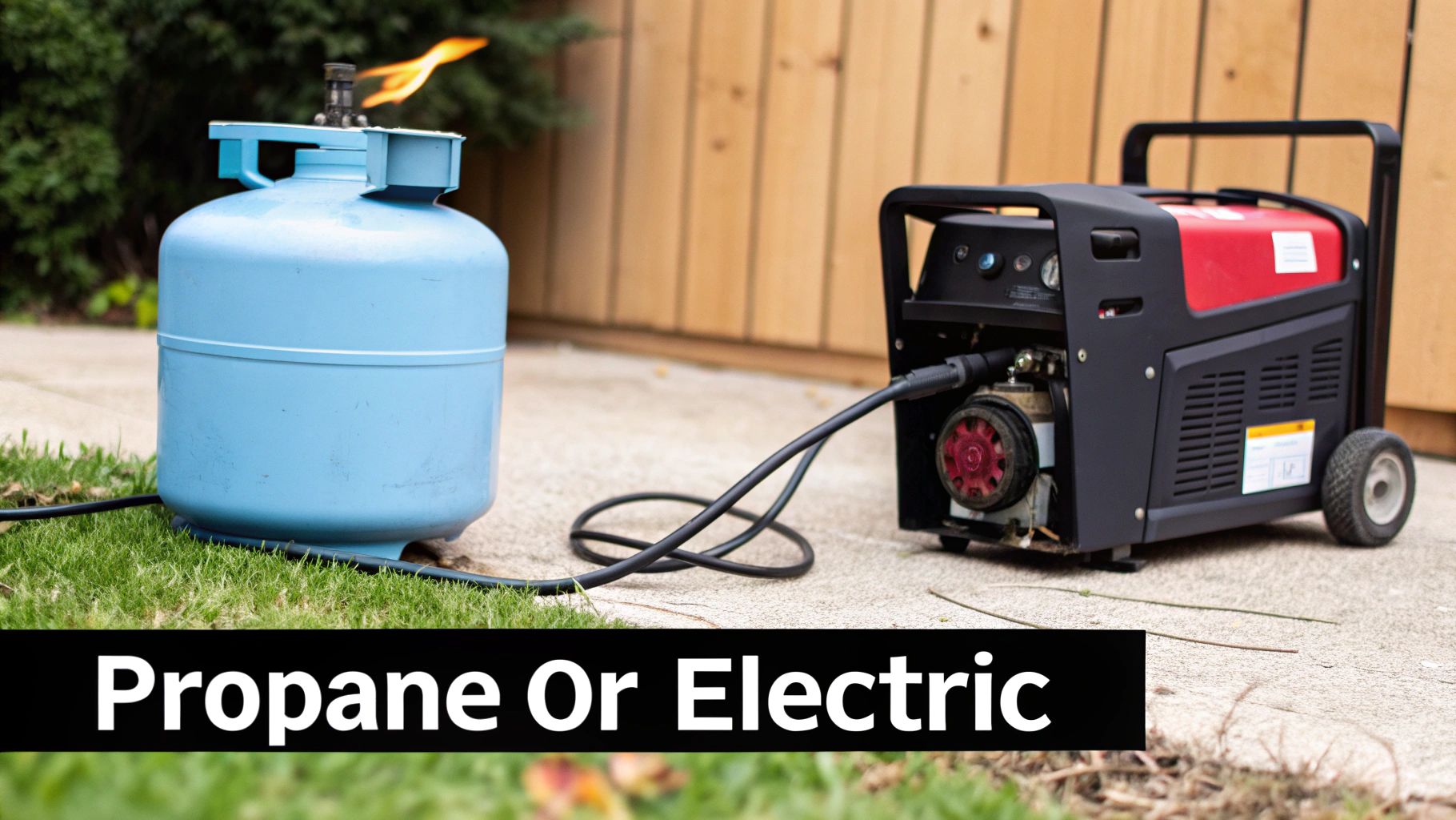 A blue propane tank with a burning flame connected to a portable electric generator outdoors.