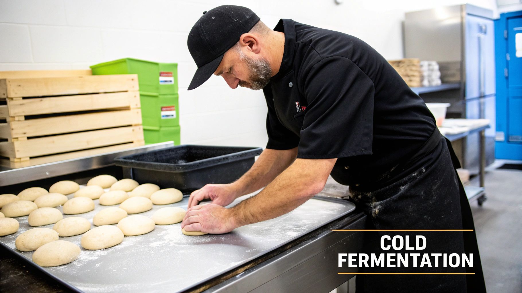 Professional baker in a black uniform shaping dough balls on a metal tray for cold fermentation.