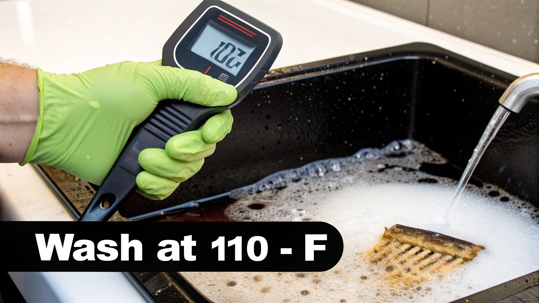 Person in green glove measures 102°F water temperature in a sink with soap and a brush.