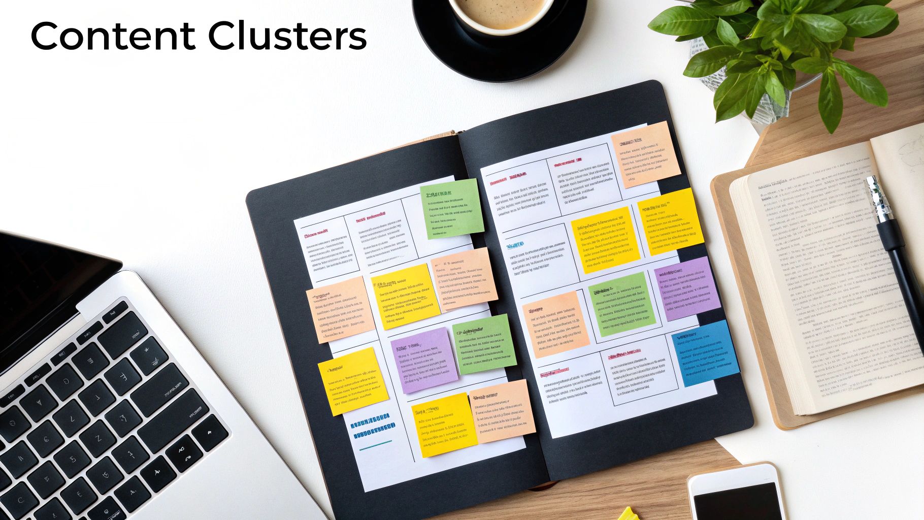 Flat lay showing a content clusters planning notebook with colorful sticky notes and a laptop.