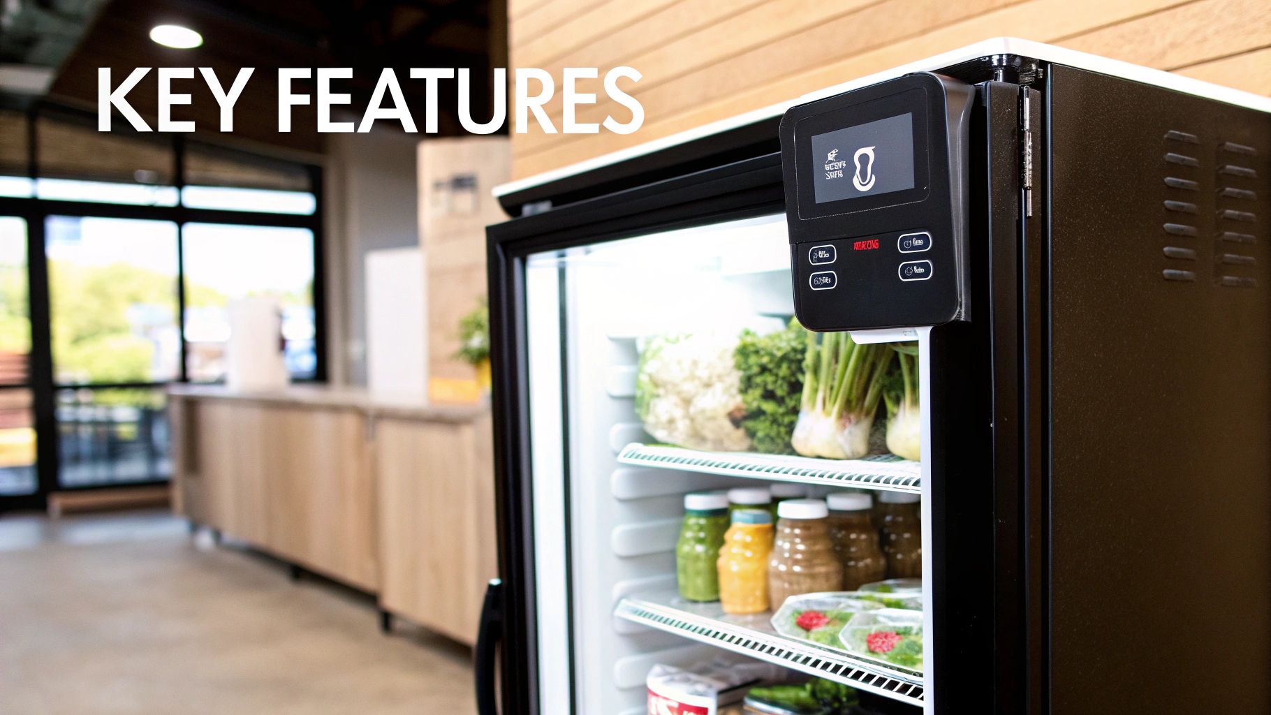 A modern commercial smart fridge displaying fresh vegetables, bottled drinks, and pre-packaged meals, with a digital control panel.