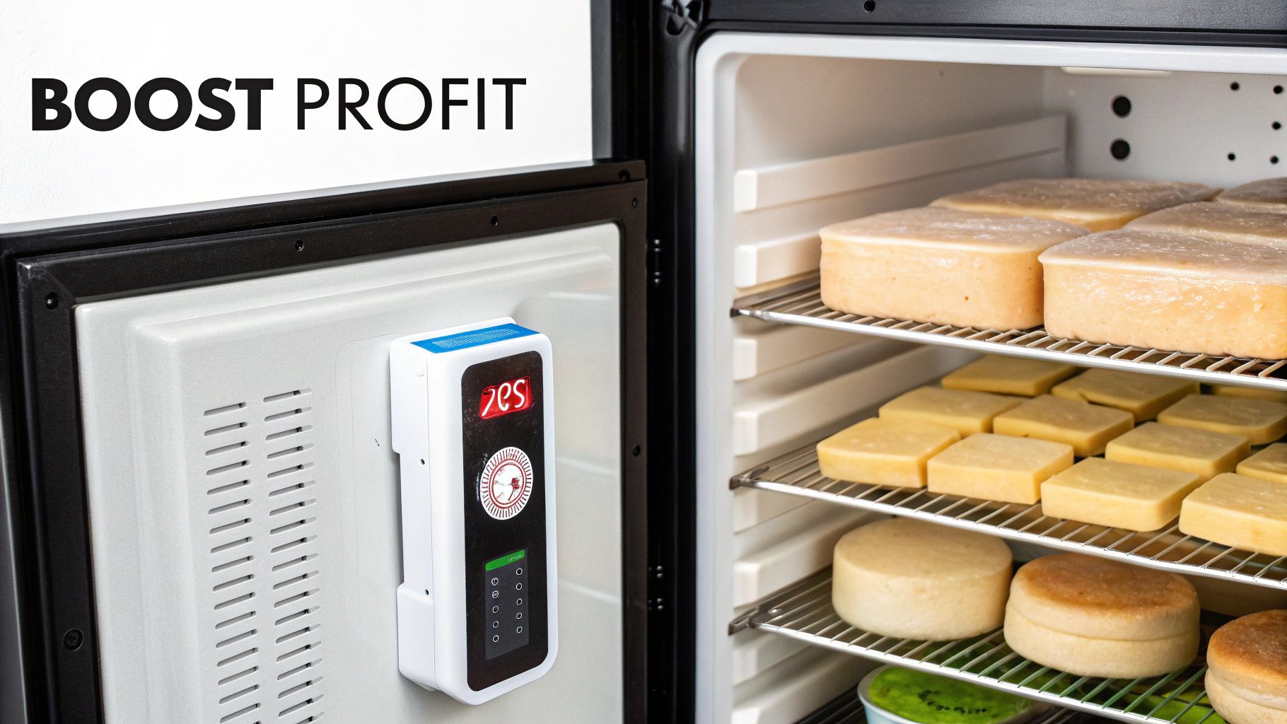 An open reach-in cooler displaying shelves of cheese, with a digital control panel on the door.