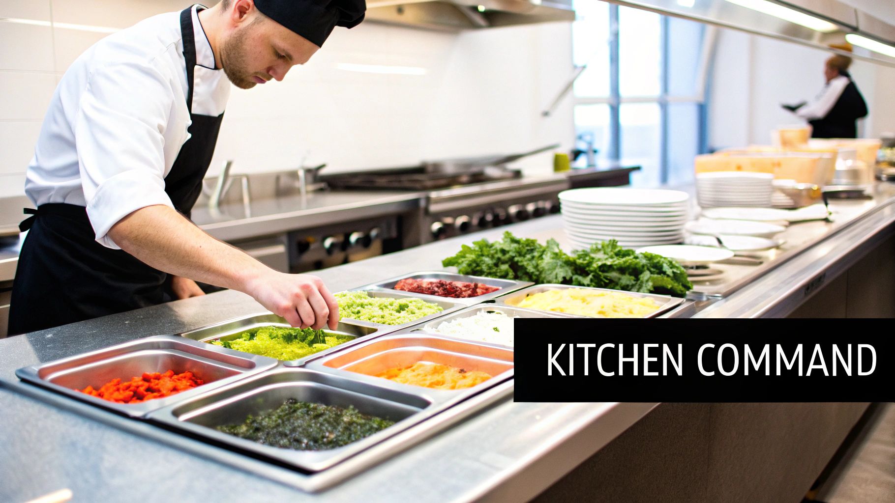 A chef preparing food on a stainless steel refrigerated prep table, showcasing its central role in a commercial kitchen.