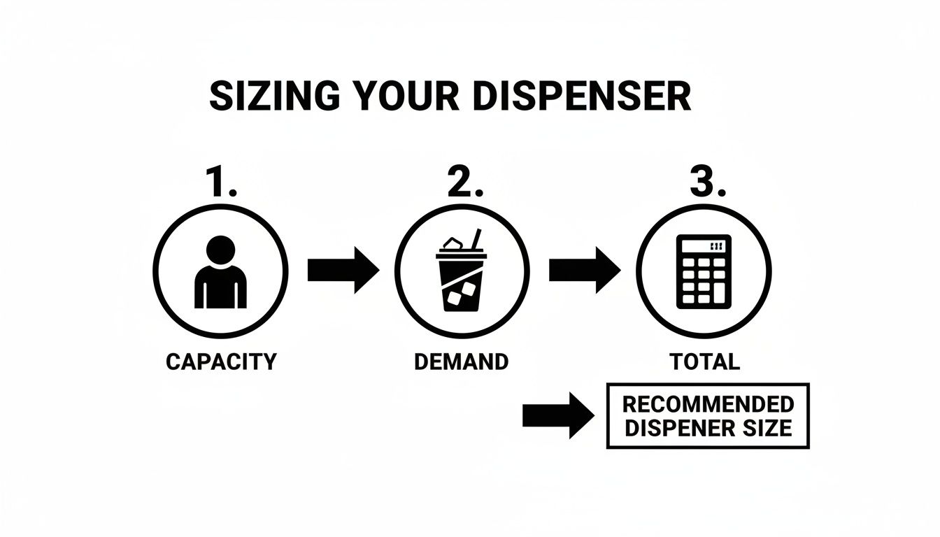 Flowchart illustrating the process of sizing a dispenser, involving capacity, demand, and total calculation.