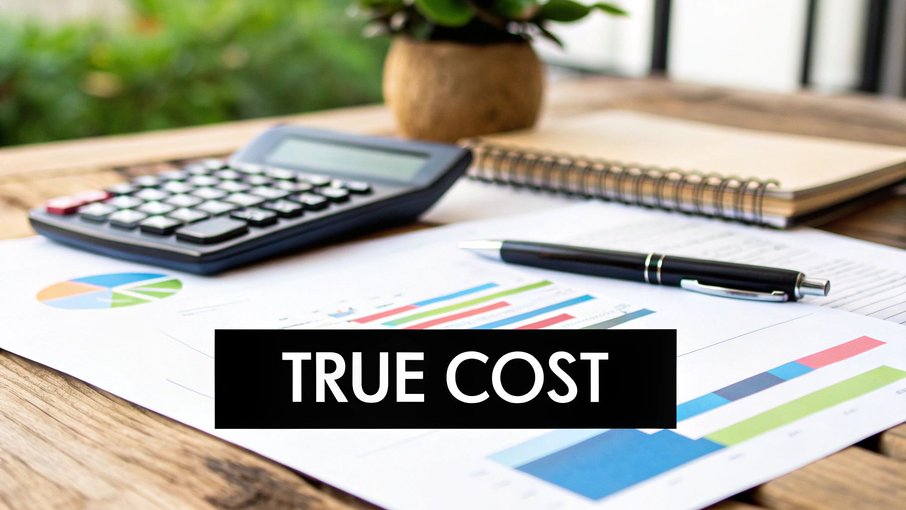 An illustration of a calculator and financial documents, representing the calculation of financing costs.