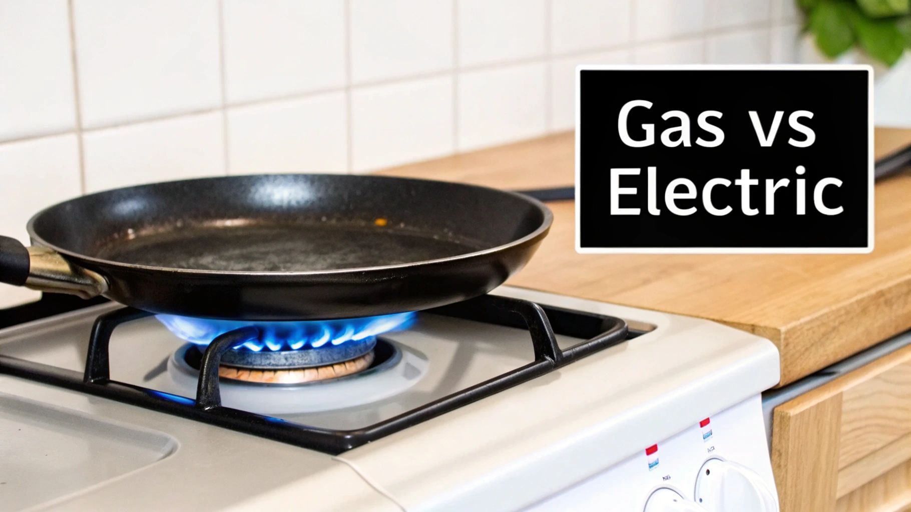 A frying pan sits on a lit gas stove burner, with 'Gas vs Electric' text in a black box.