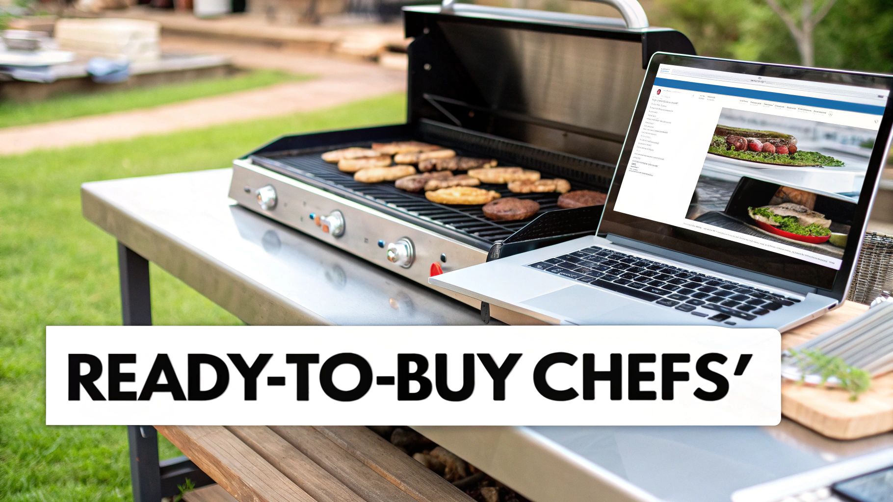 An outdoor BBQ grill cooking various meats next to a laptop displaying delicious food photos.