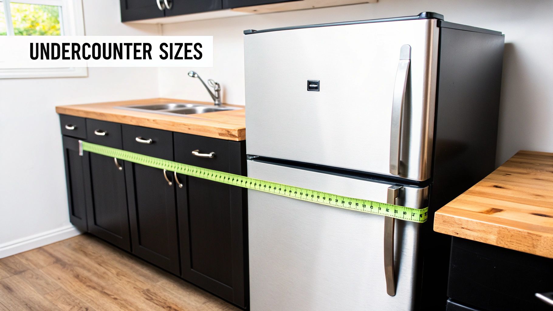 A kitchen with black undercounter cabinets, a wooden countertop, and a stainless steel refrigerator being measured.