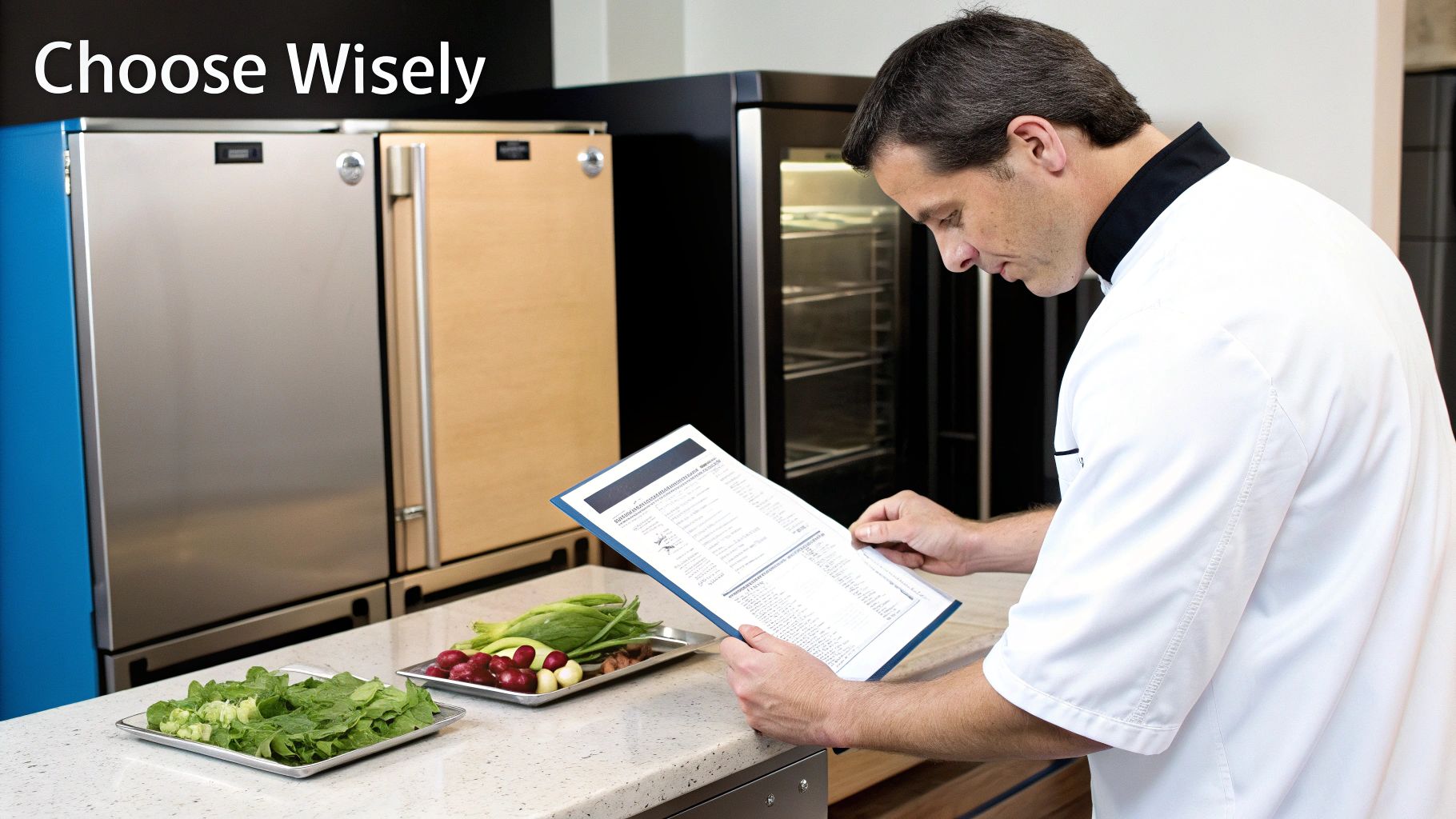 A chef reviews documents with fresh produce in a modern commercial kitchen featuring refrigeration units.