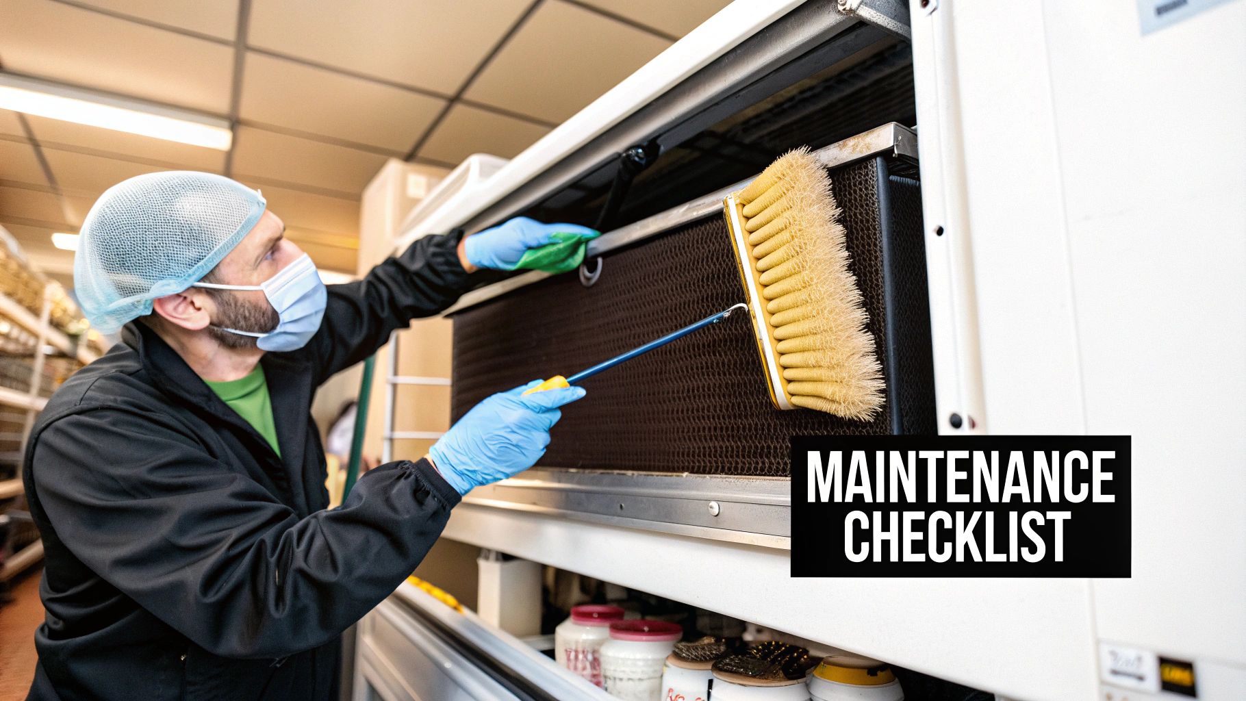 A person inspecting the interior of a clean, well-organized walk in cooler
