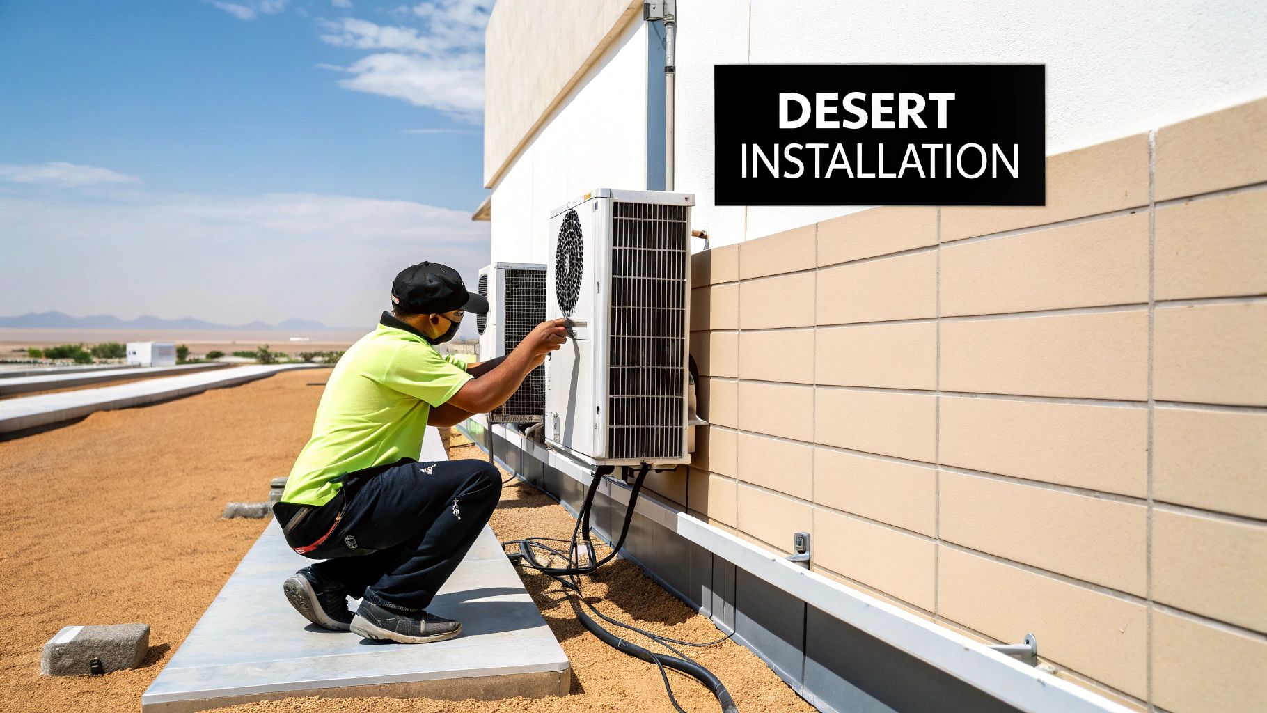 A technician installs an air conditioning unit on a rooftop in a desert landscape.