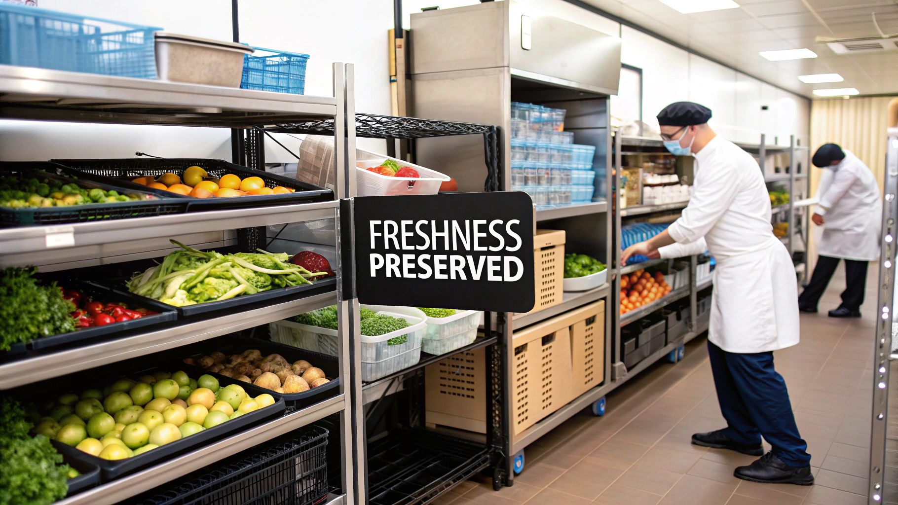 A clean and organized interior of a commercial walk in cooler.