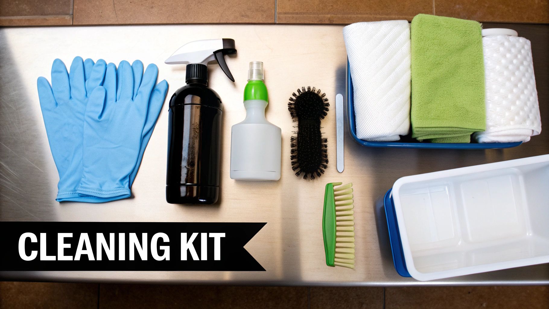 A flat lay of a cleaning kit including gloves, spray bottles, brushes, and cloths.