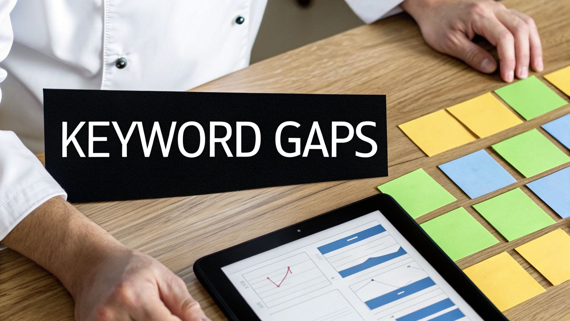 A person at a table with a 'KEYWORD GAPS' sign, a tablet displaying charts, and colorful sticky notes.