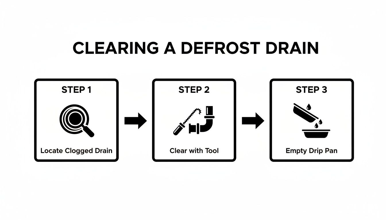 A clear visual guide demonstrating three steps to effectively clear a defrost drain.
