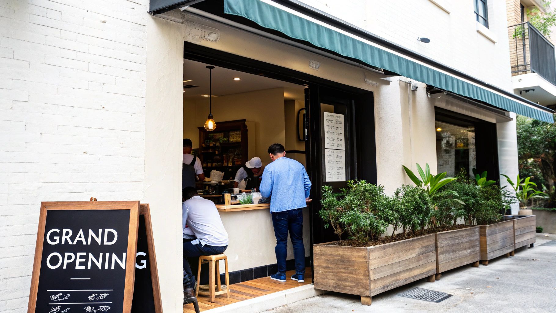 Modern cafe storefront with grand opening sign and customers at outdoor counter seating area