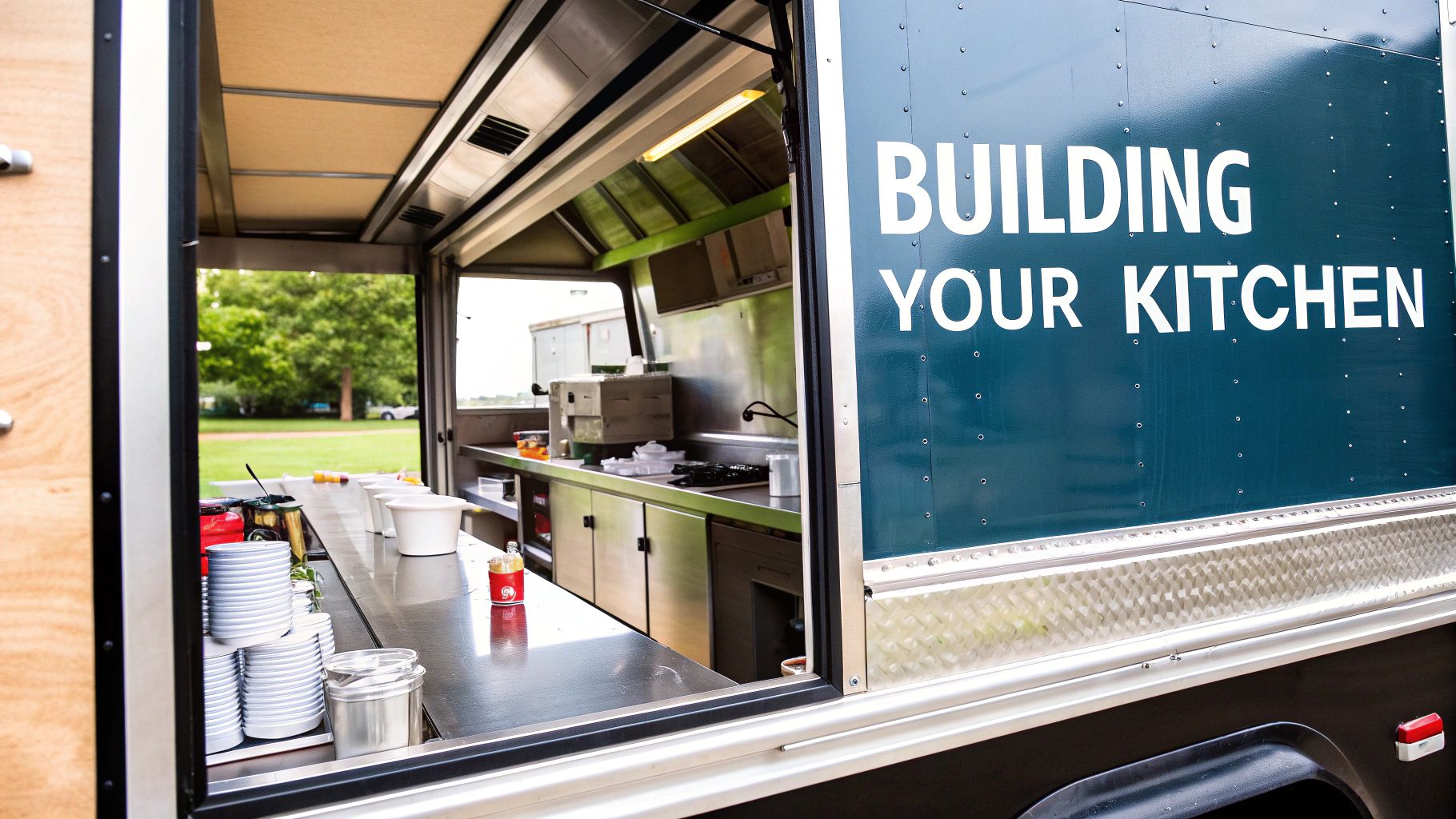 Food truck interior with stainless steel appliances and chefs working.