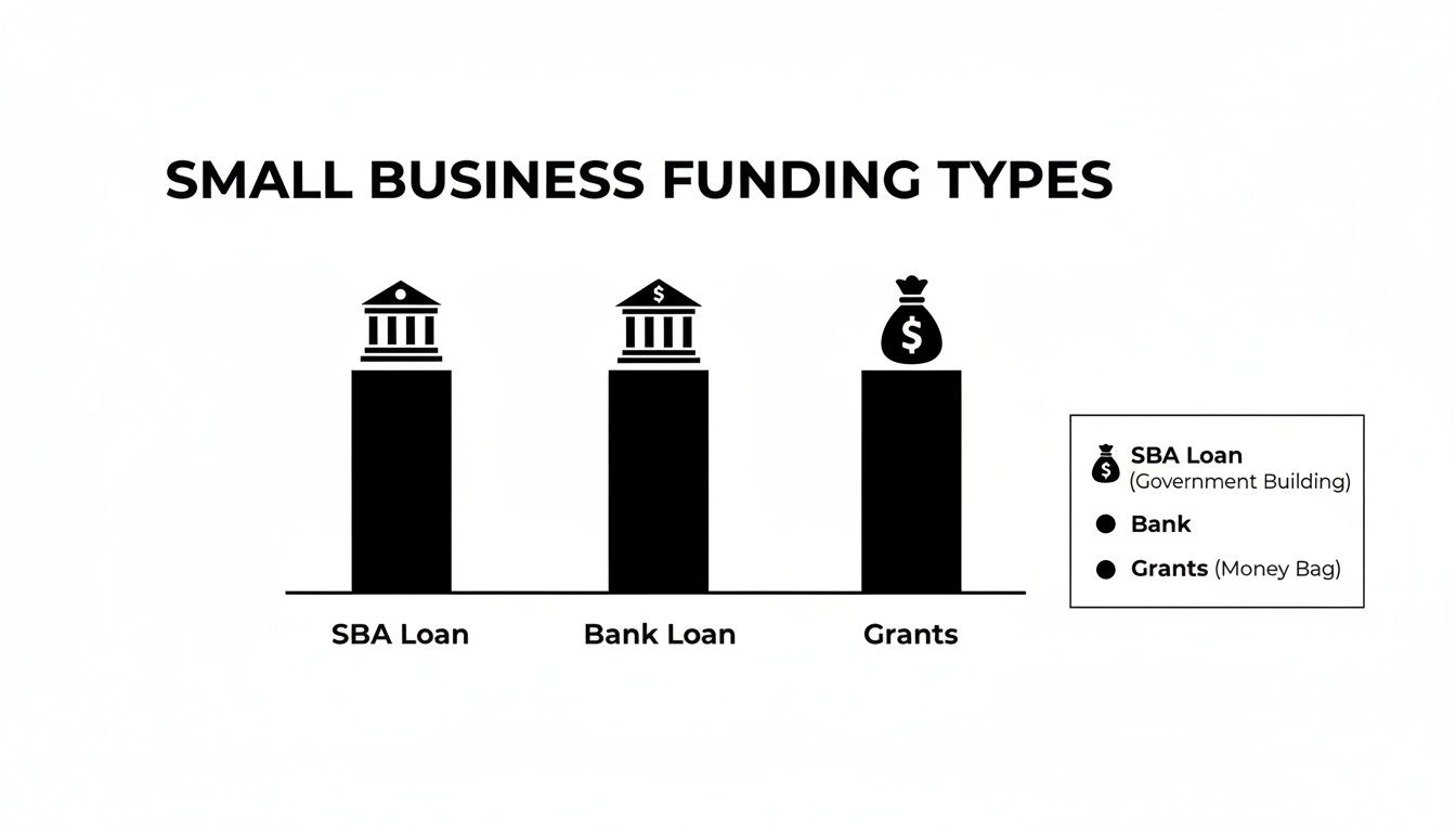 A bar chart illustrating three small business funding types: SBA Loan, Bank Loan, and Grants, each with a representative icon.