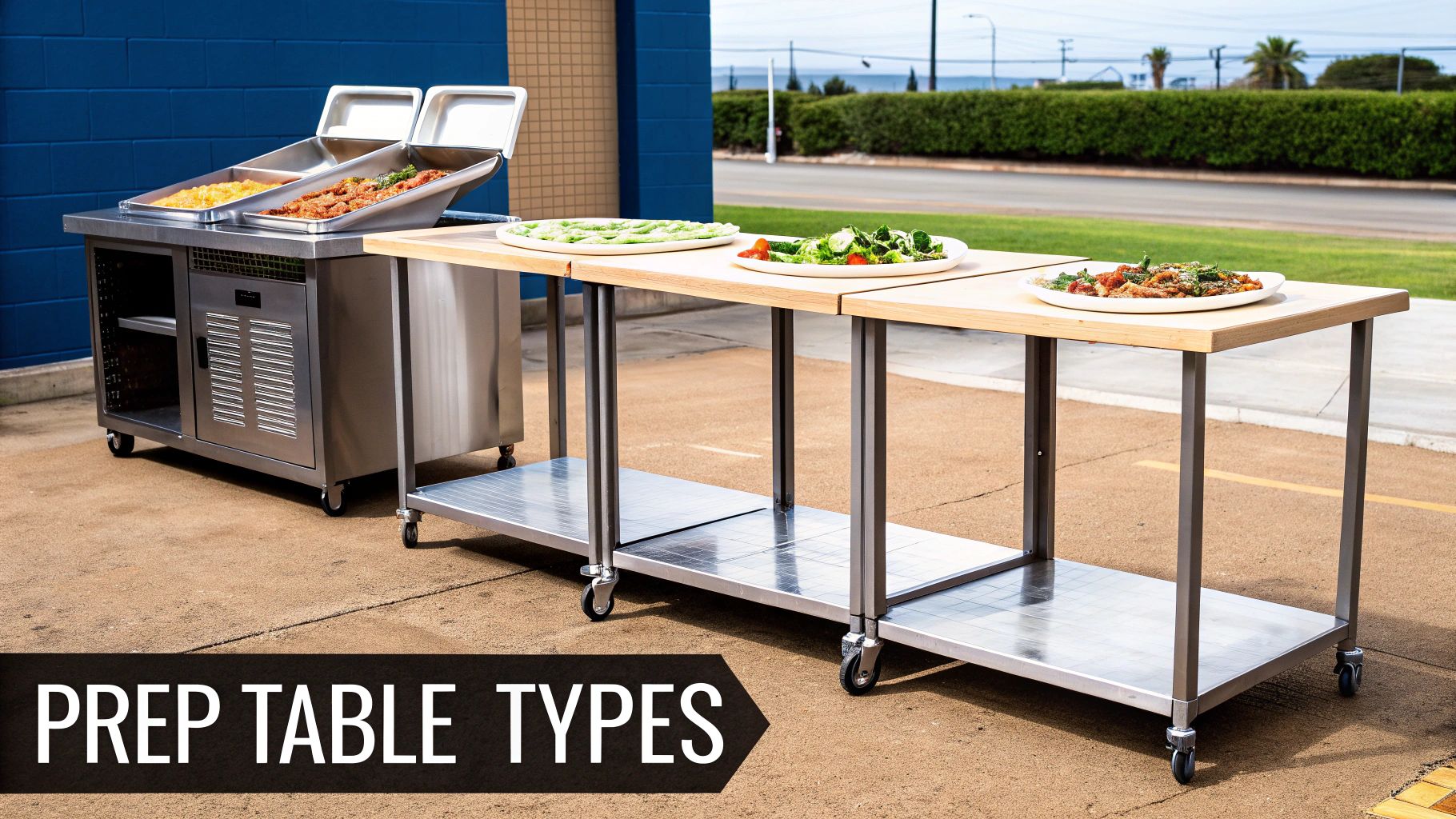 Multiple commercial stainless steel hot food and wooden prep tables with various dishes for outdoor catering.