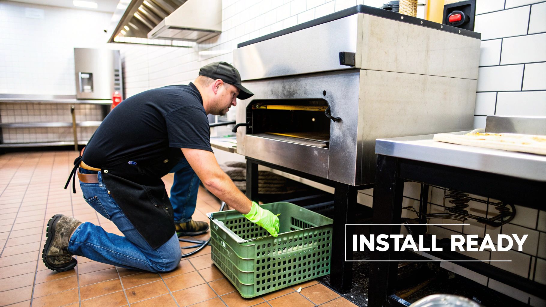 A technician kneels to prepare a commercial kitchen oven for installation or maintenance.