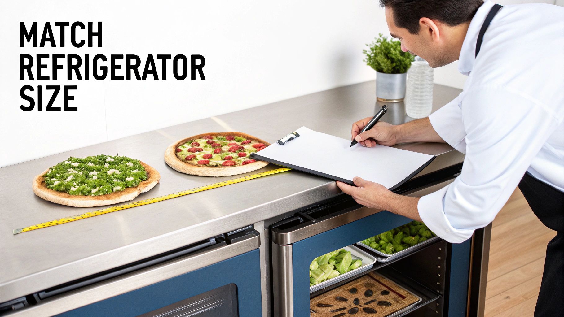 Chef measures different sized pizzas on a counter, evaluating refrigerator capacity with a measuring tape.
