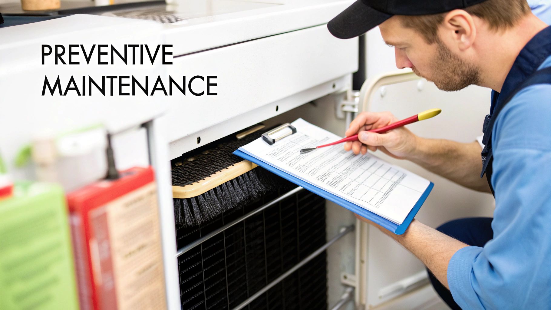 A technician performs preventive maintenance, inspecting industrial equipment with a clipboard and pen.