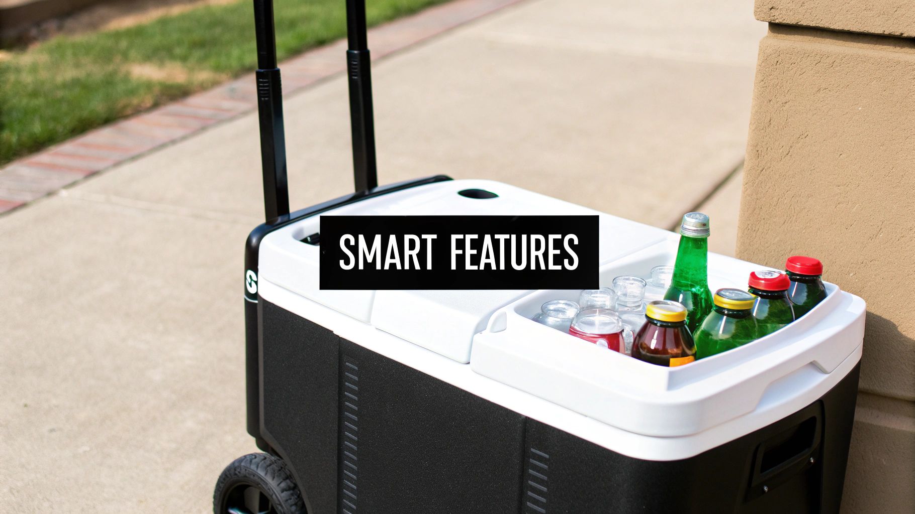 A beverage cooler on wheels with its lid open, showing built-in cup holders and a dry storage basket.