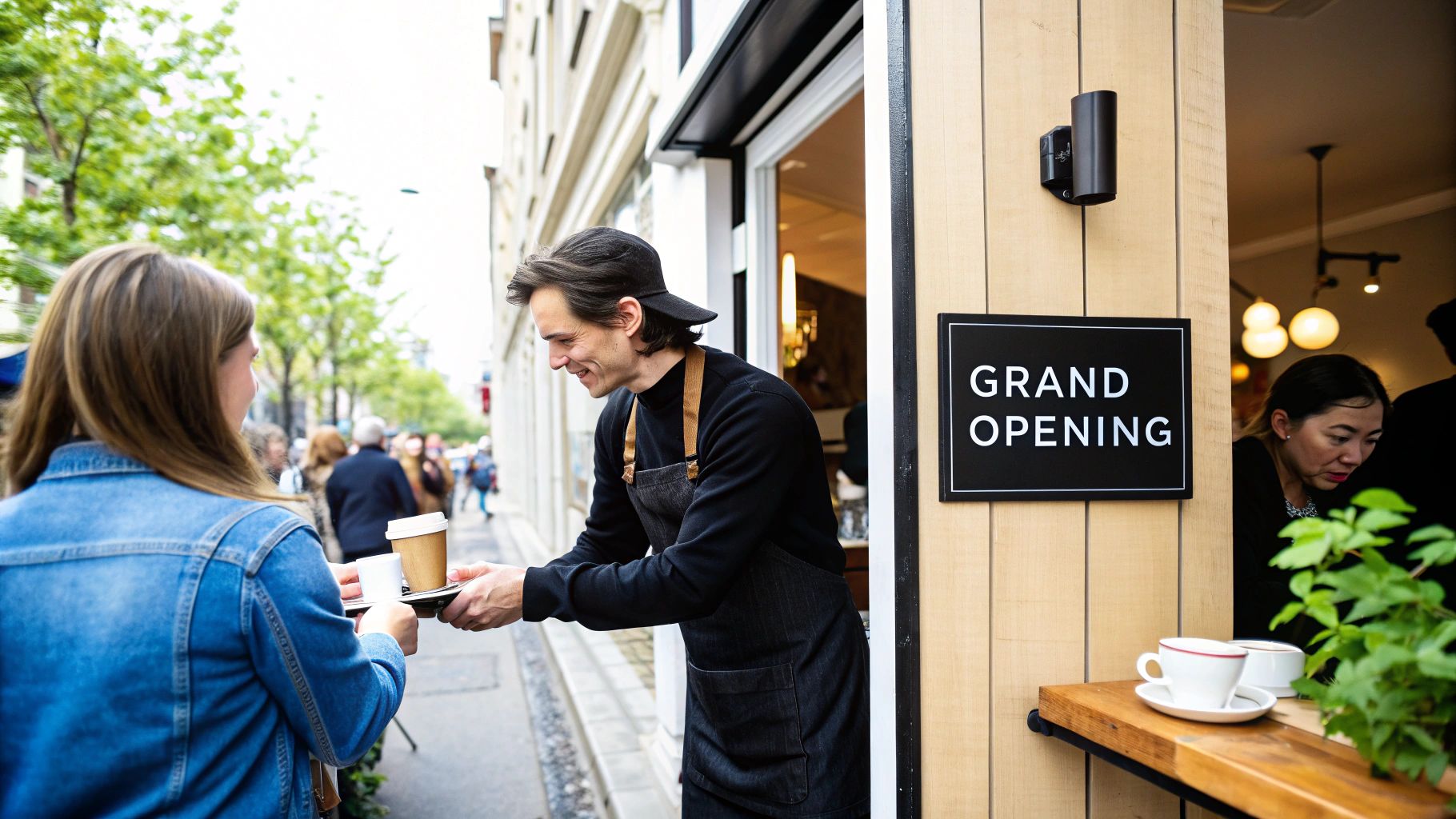 A smiling barista hands coffee to a customer outside a new coffee shop with a 'Grand Opening' sign.
