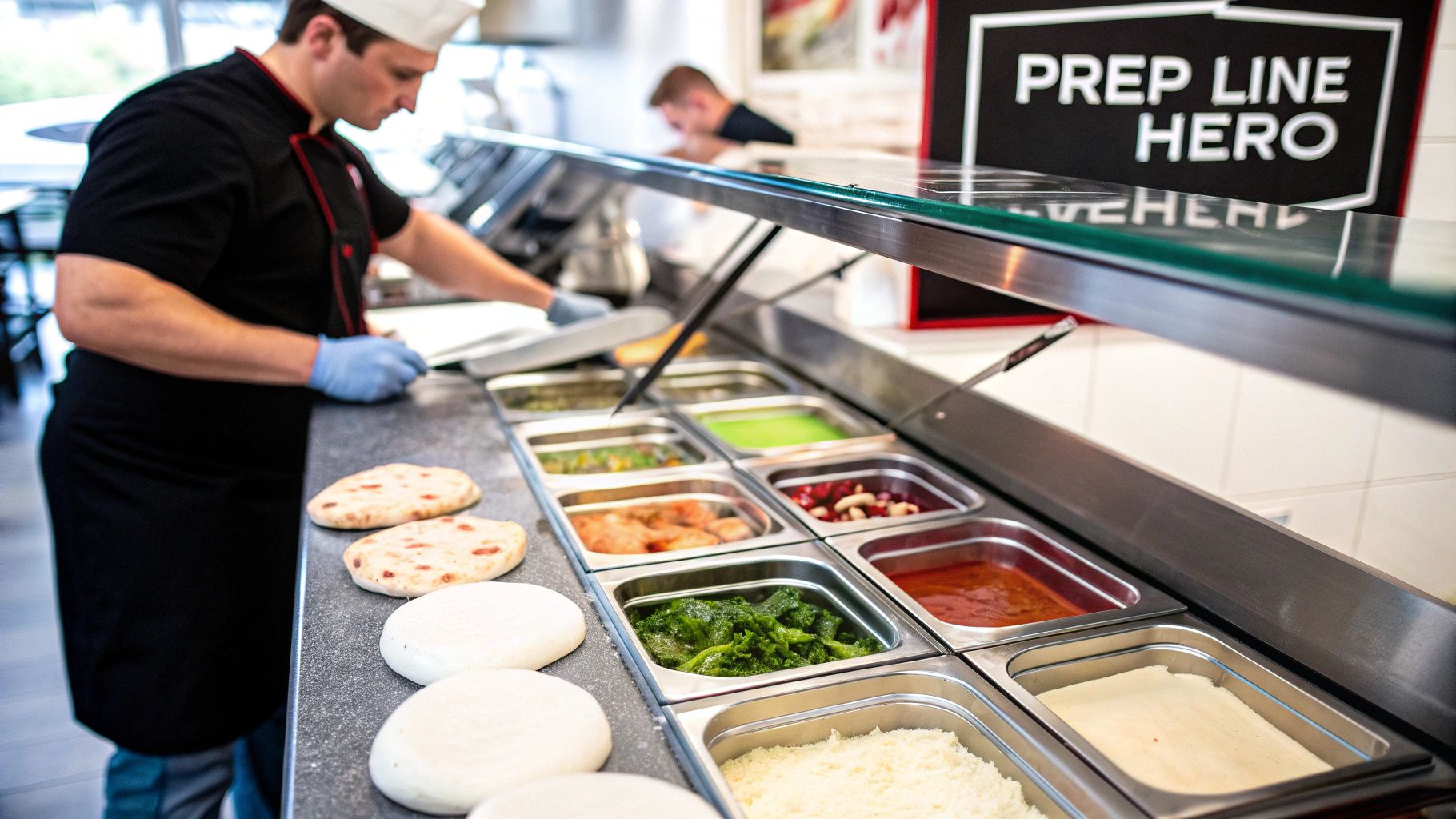 Chef in a professional kitchen preparing food at a buffet line with various ingredients.