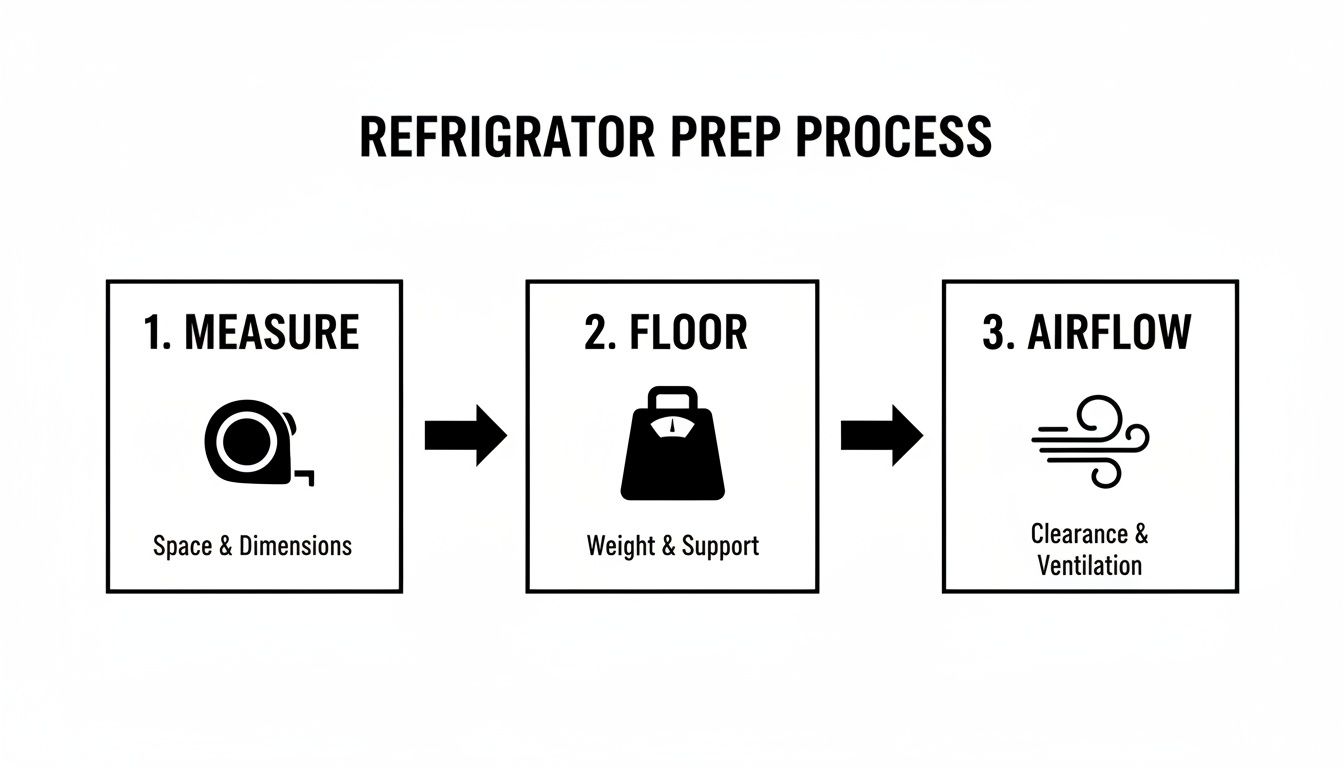 A flowchart outlining the three steps of refrigerator prep: Measure, Floor, and Airflow, with icons.
