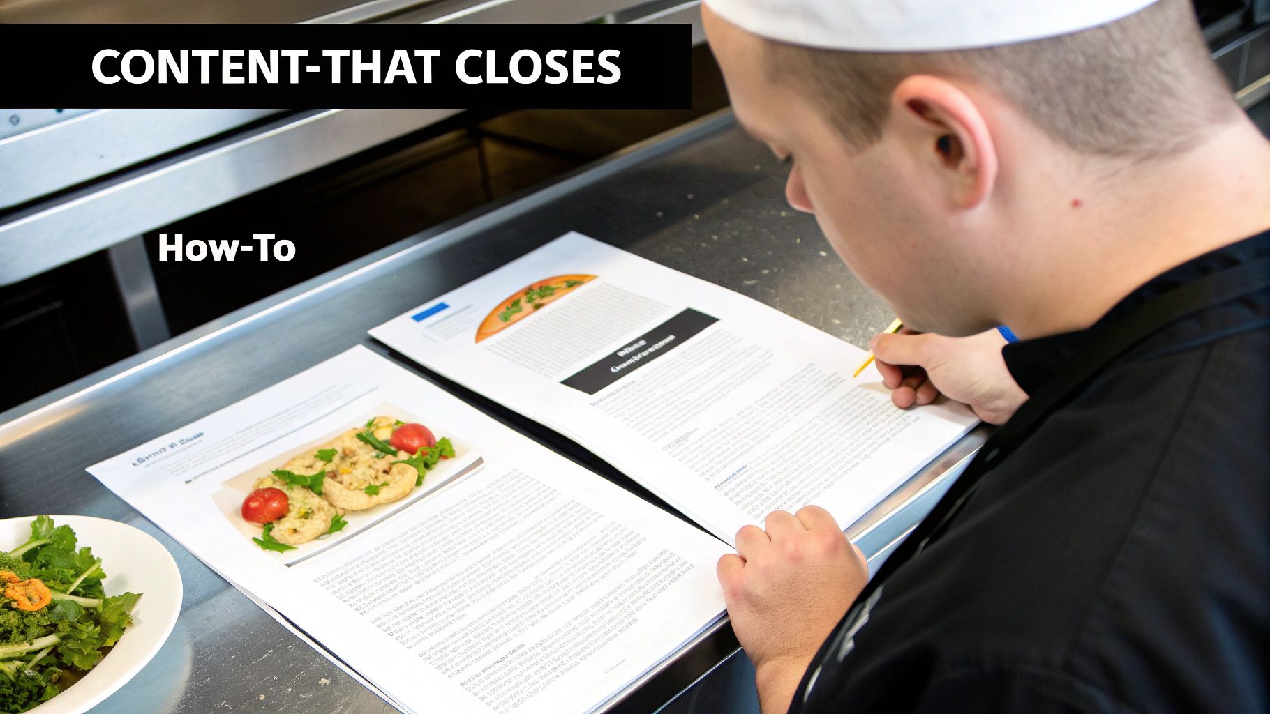 Person reviewing recipe documents with food photography while holding yellow pencil at kitchen counter