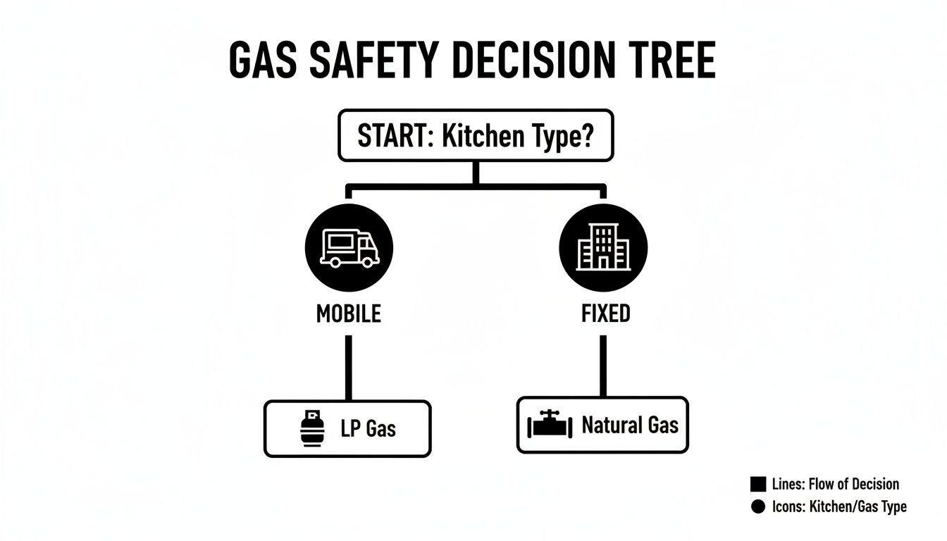 A gas safety decision tree showing choices between LP gas for mobile kitchens and natural gas for fixed kitchens.