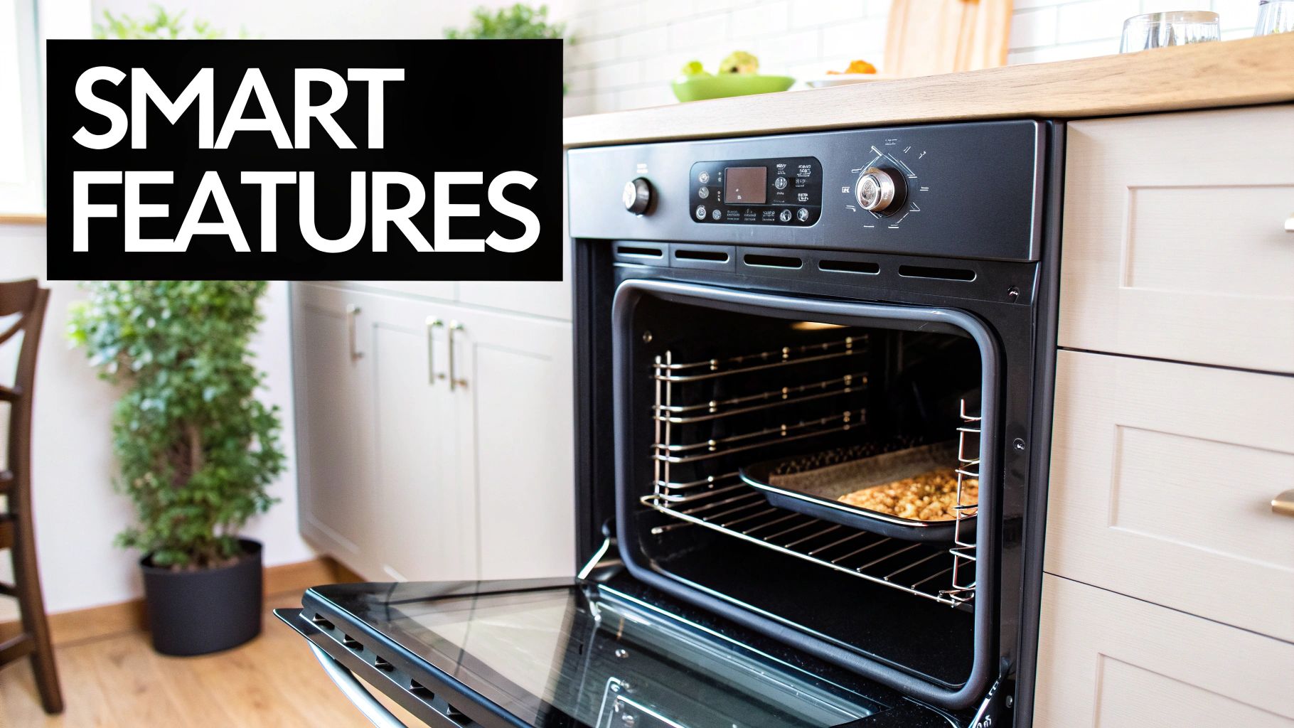 A modern kitchen with an open oven baking food, featuring a 'SMART FEATURES' overlay.