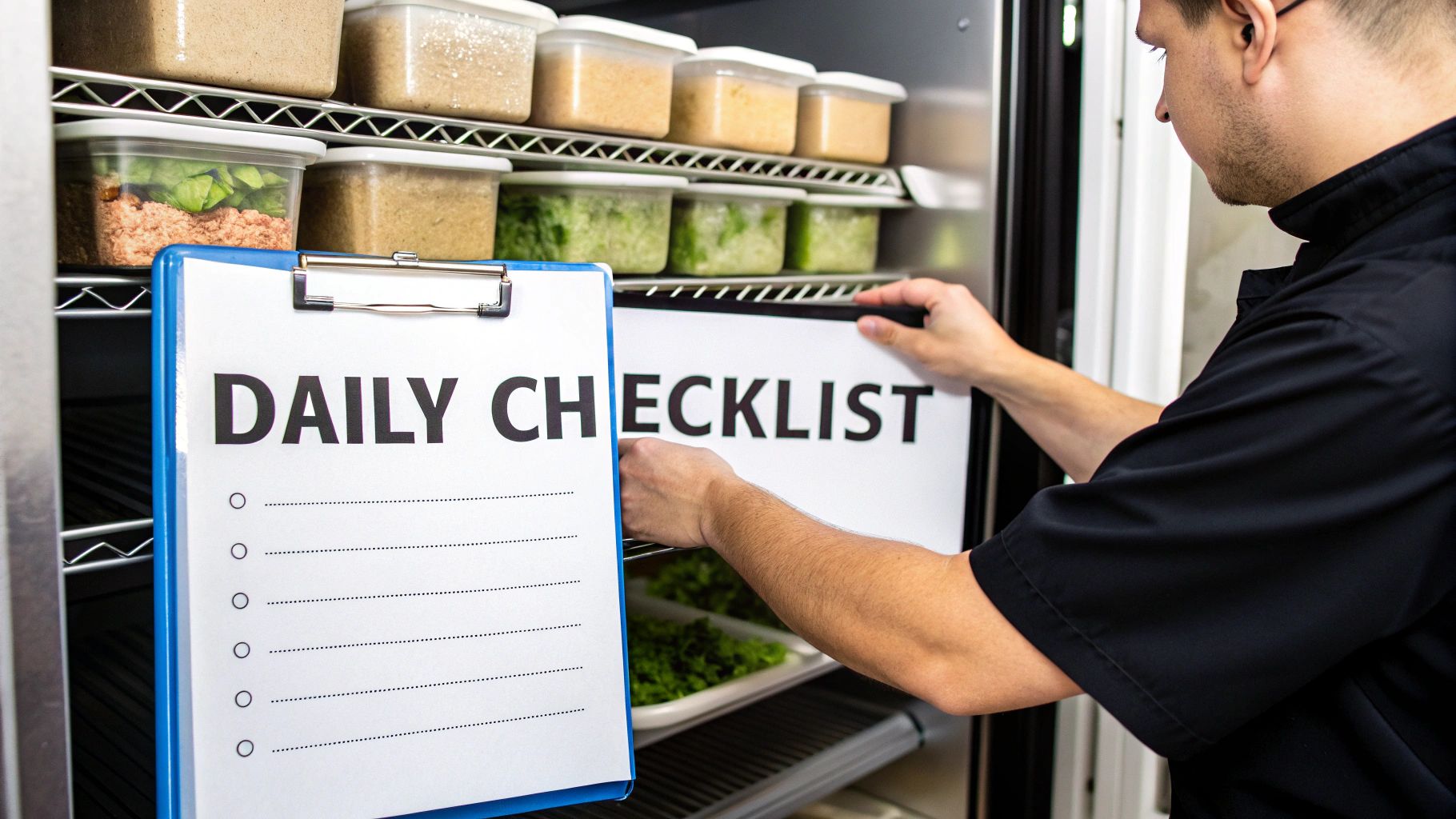 A person organizing a walk-in cooler with neatly stored food containers and a daily checklist.