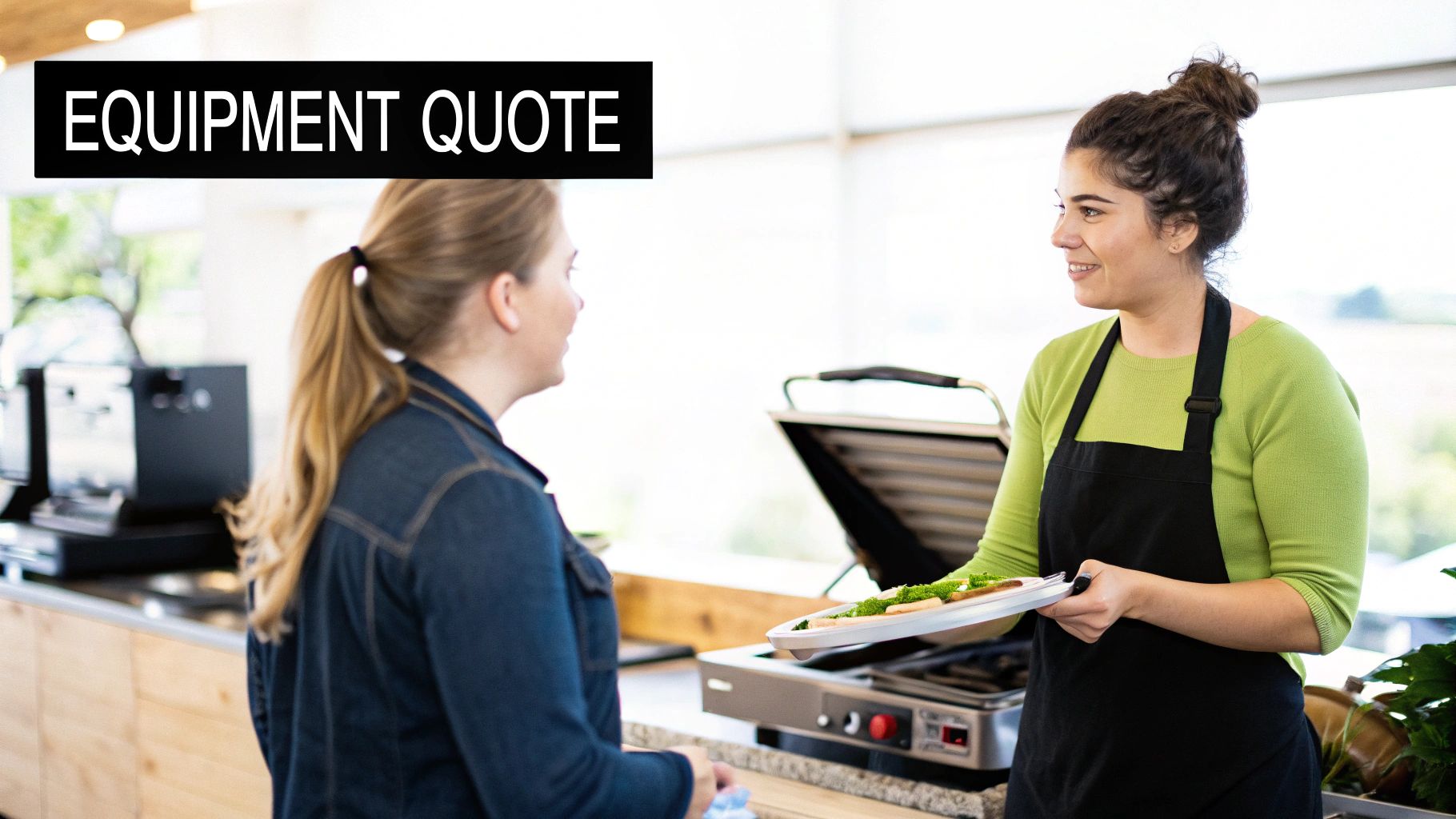 A smiling barista serves a freshly prepared meal to a customer at a modern cafe counter.