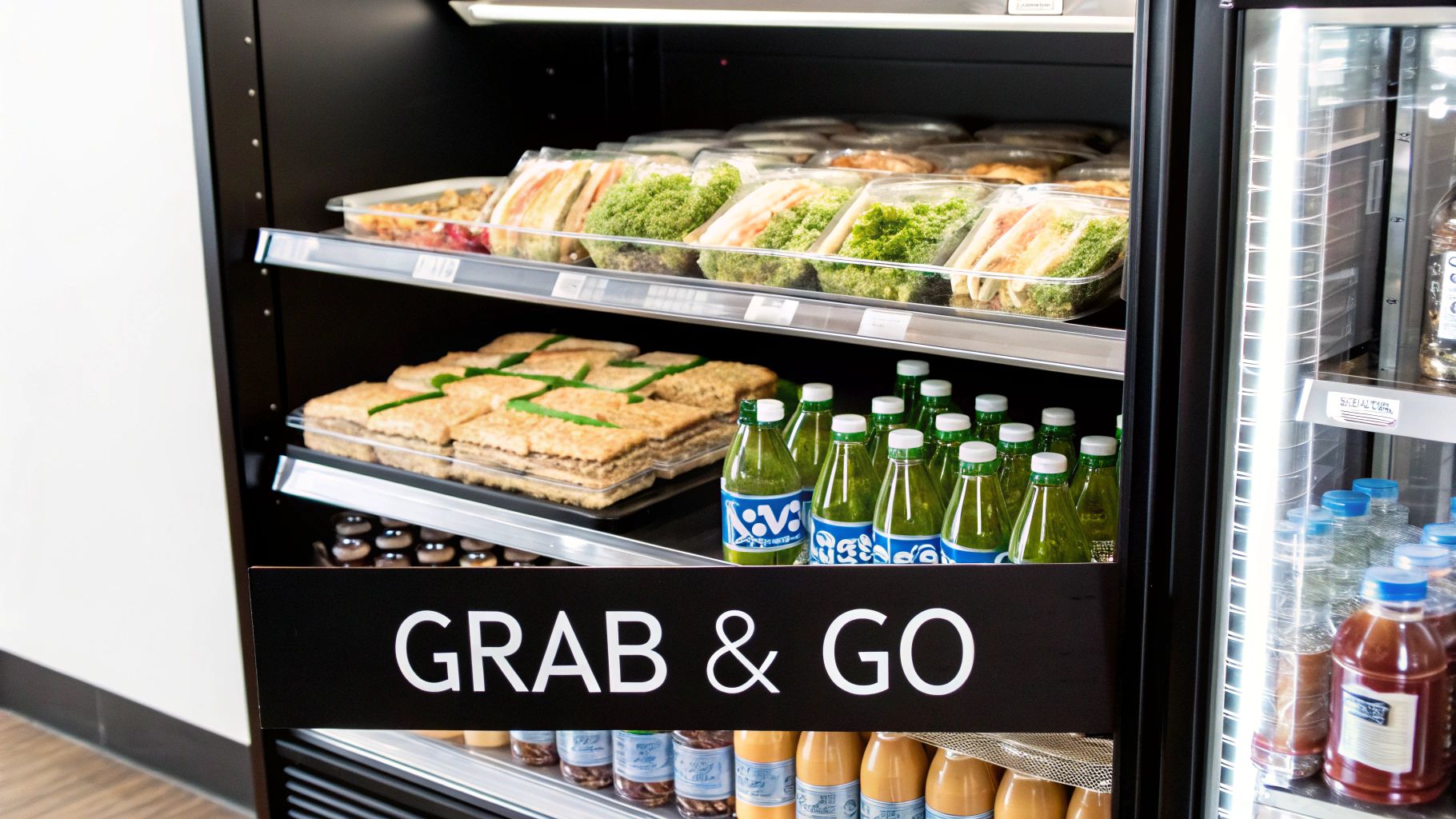 A "Grab & Go" refrigerator stocked with pre-packaged sandwiches, pastries, and various bottled beverages.