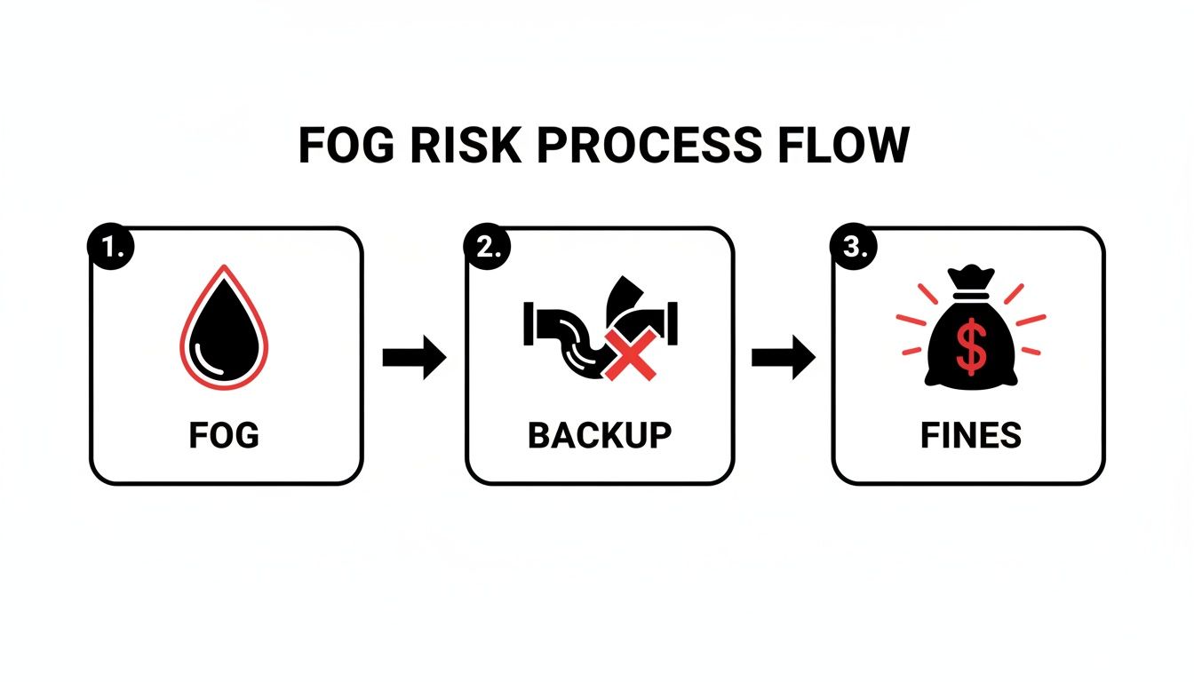 A diagram illustrating the FOG (Fats, Oils, Grease) risk process flow: FOG leads to backups, resulting in fines.