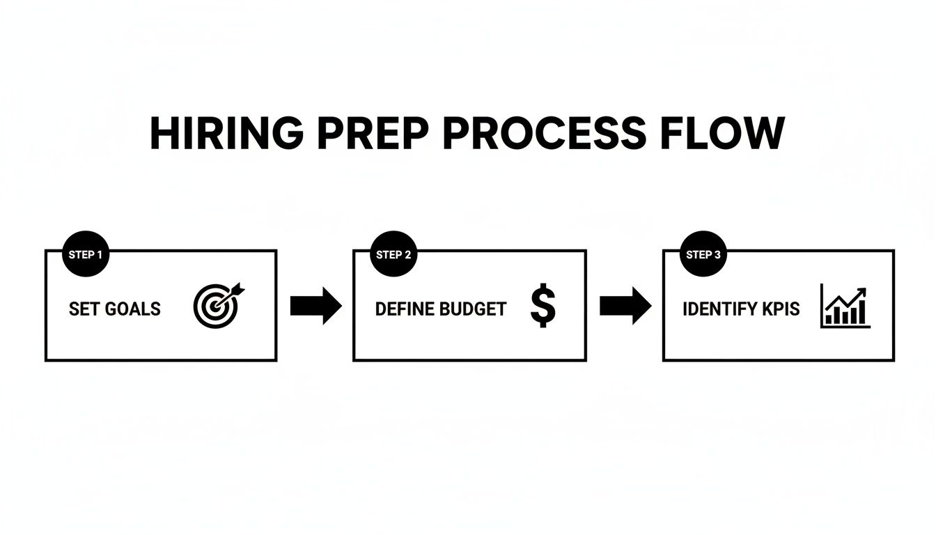 A flow chart illustrating the three steps of a hiring preparation process: setting goals, defining budget, and identifying KPIs.