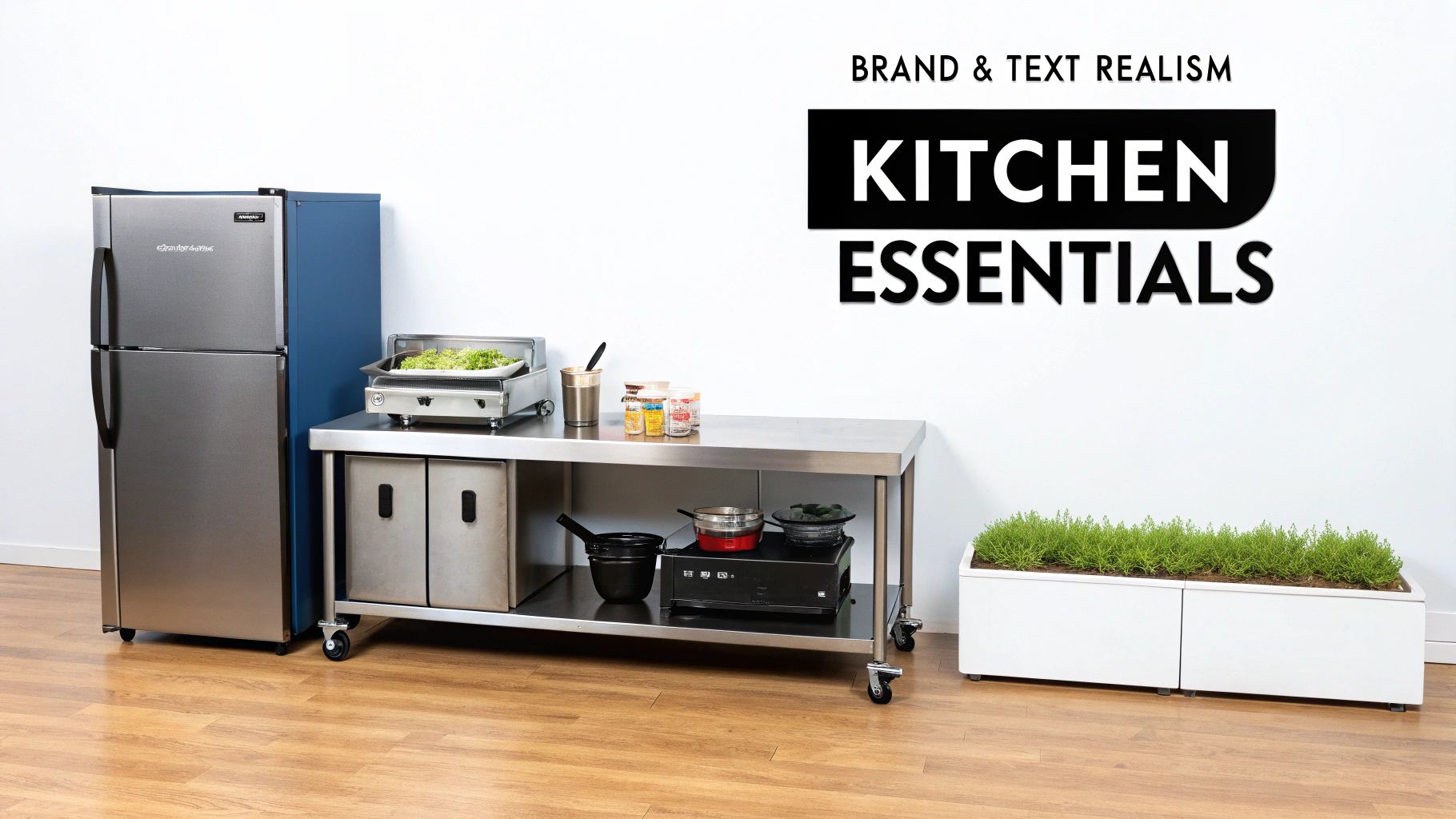 A small commercial kitchen setup with a stainless steel refrigerator, work table, and cooking equipment.