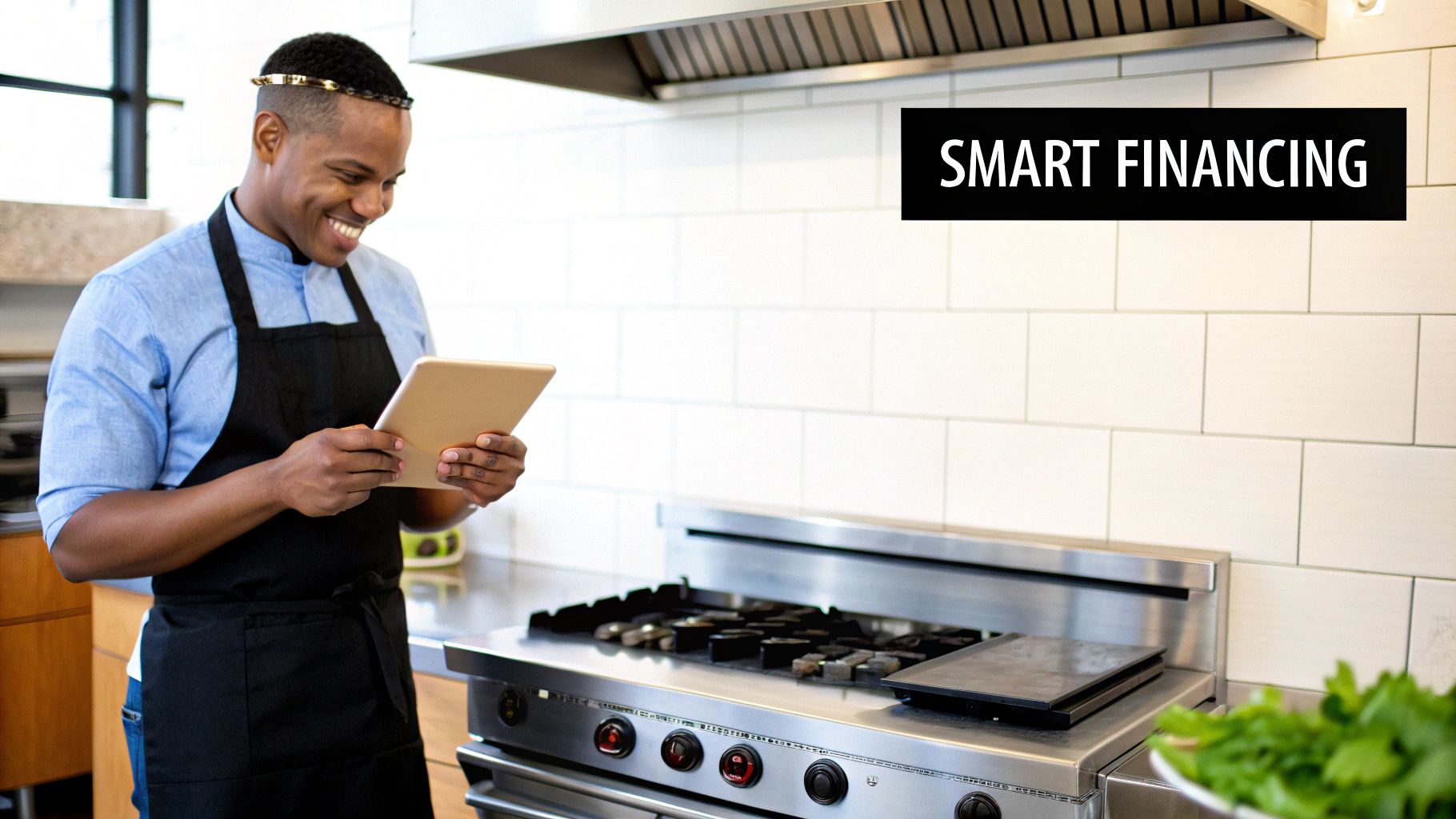 A smiling man in a kitchen apron looks at a tablet next to a commercial stove.