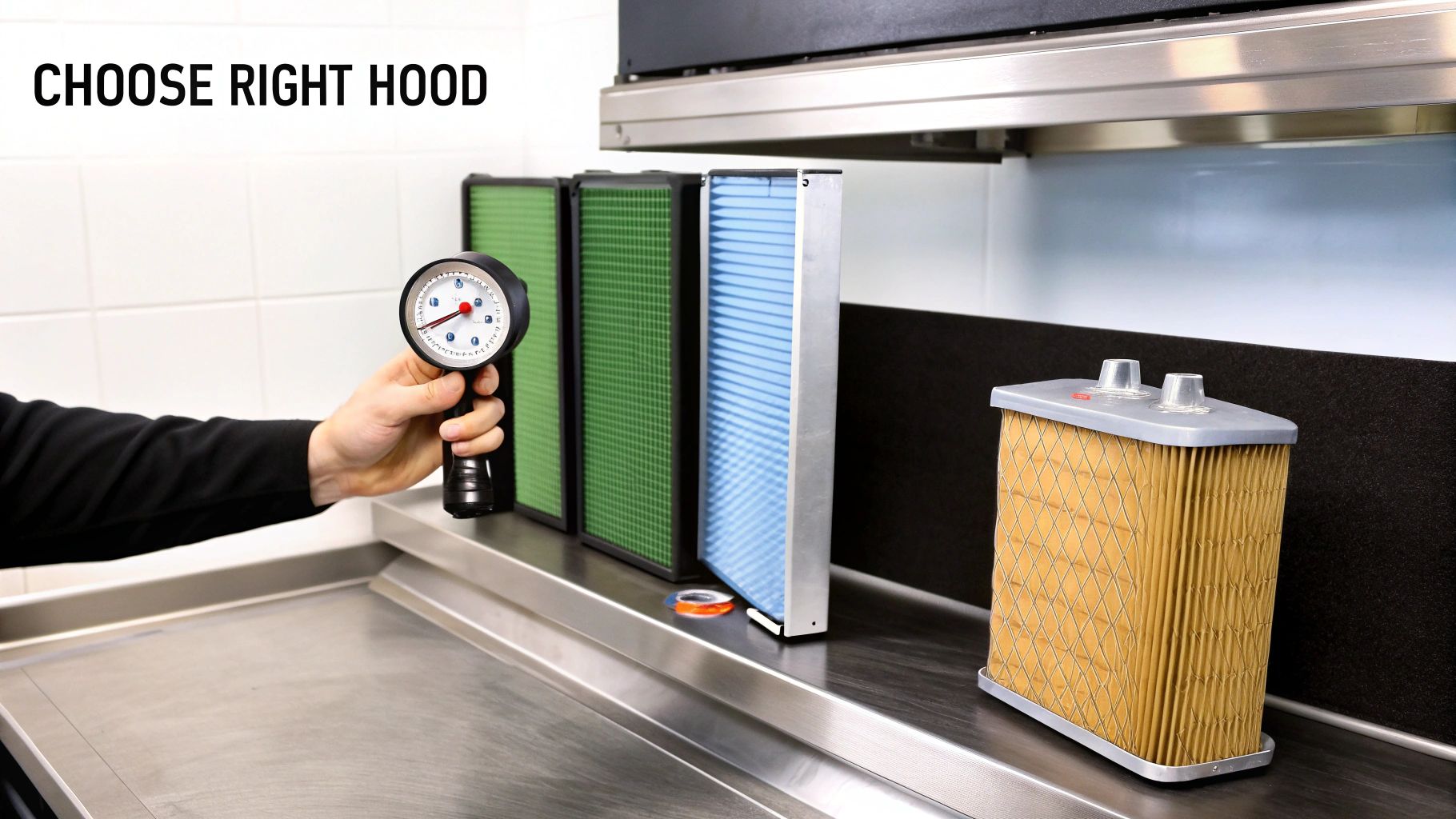 A hand holds a gauge next to various air filters, assisting in choosing the right commercial ventless hood.